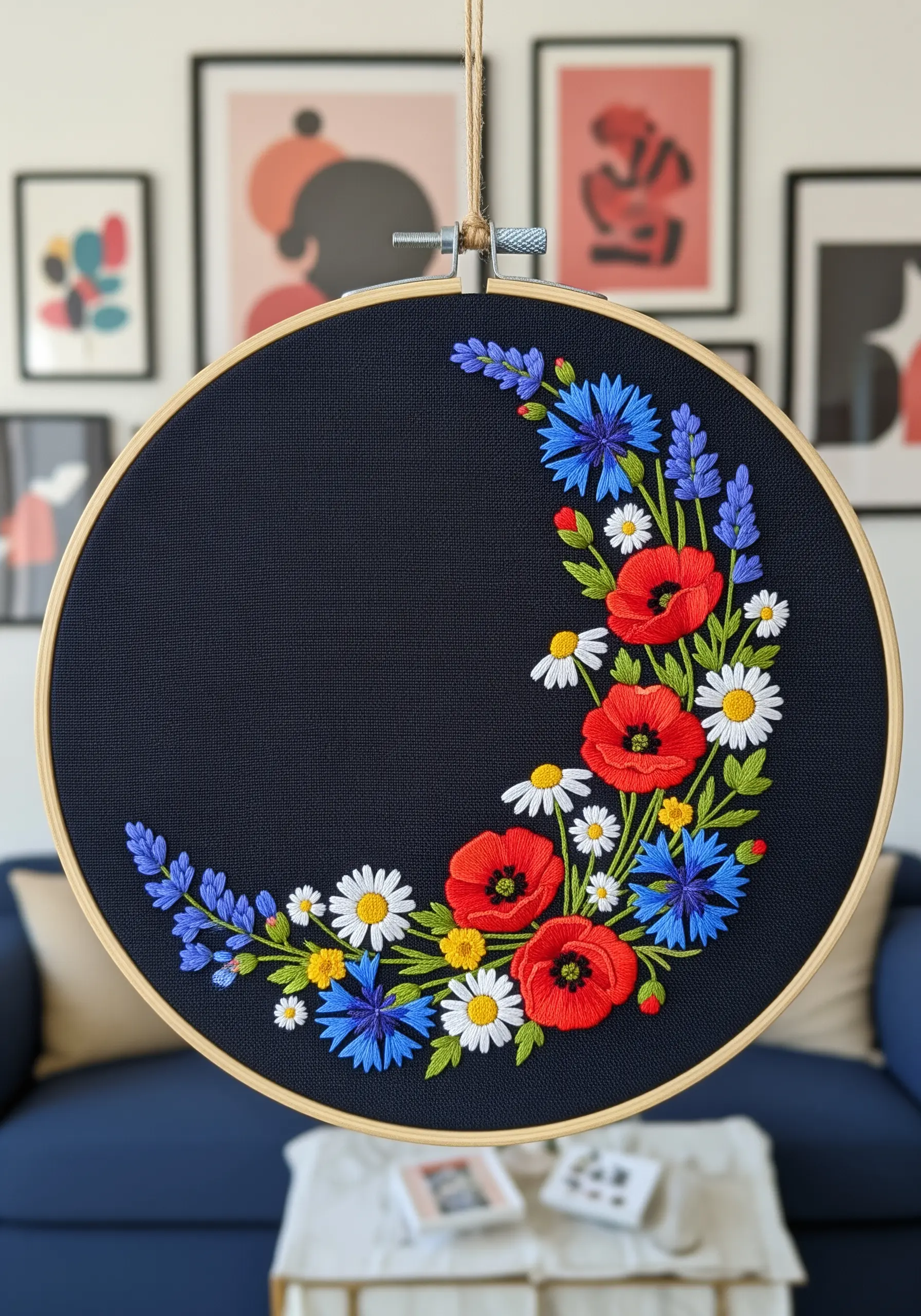 A vibrant wildflower crescent embroidery with red poppies and blue cornflowers on black fabric.