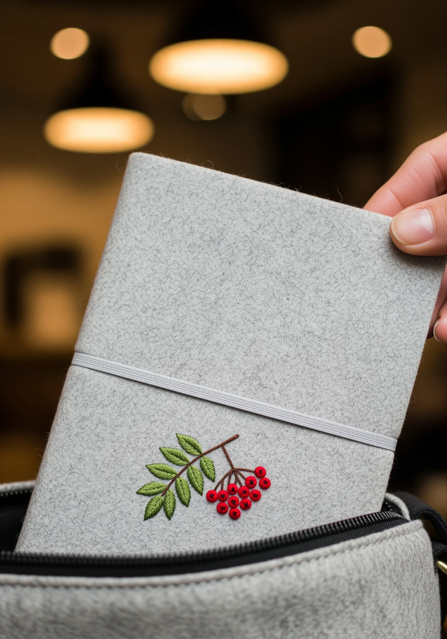 A small branch of rowan berries embroidered on a grey felt journal.