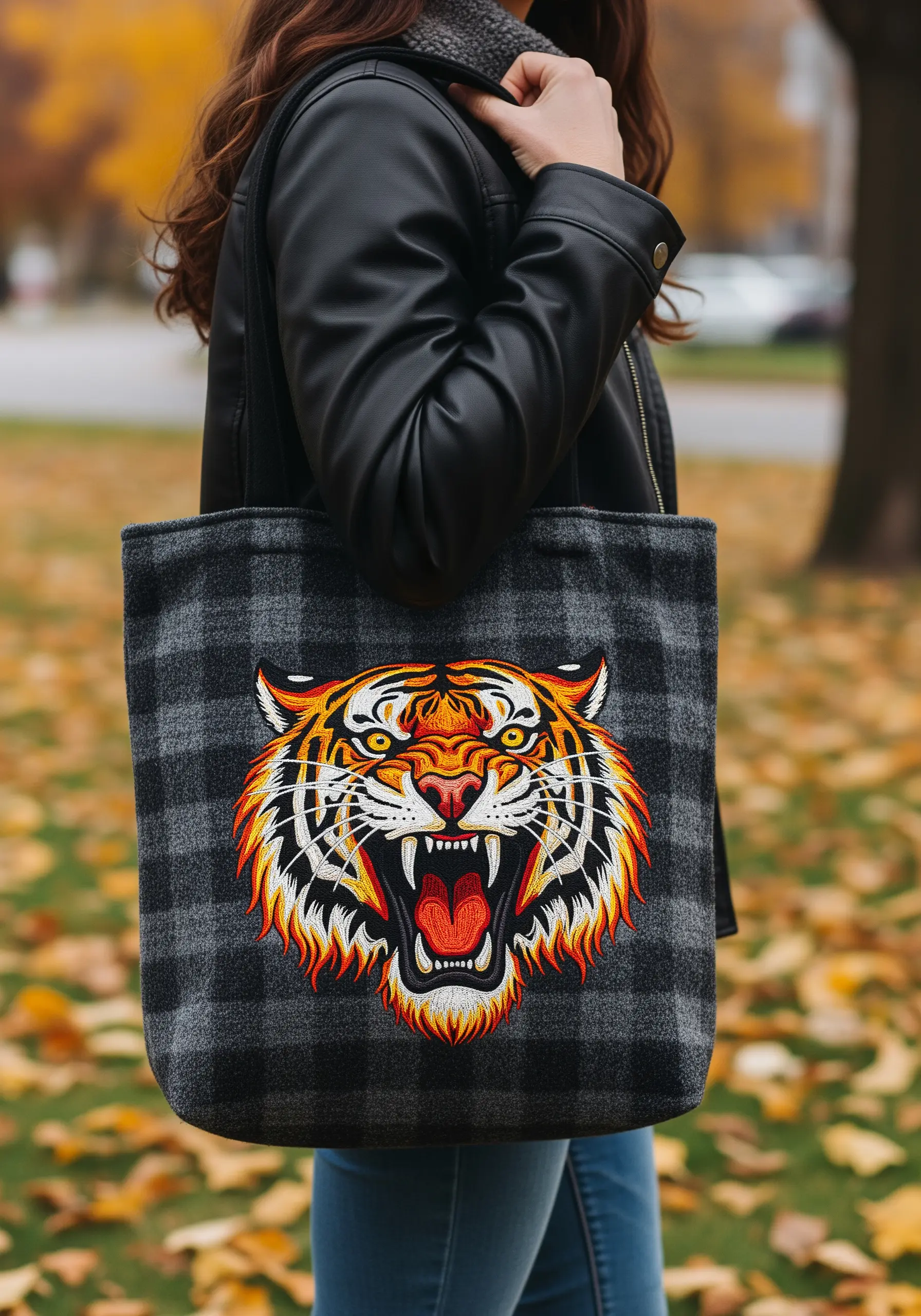 A vibrant, embroidered tiger head on a grey and black plaid tote bag.