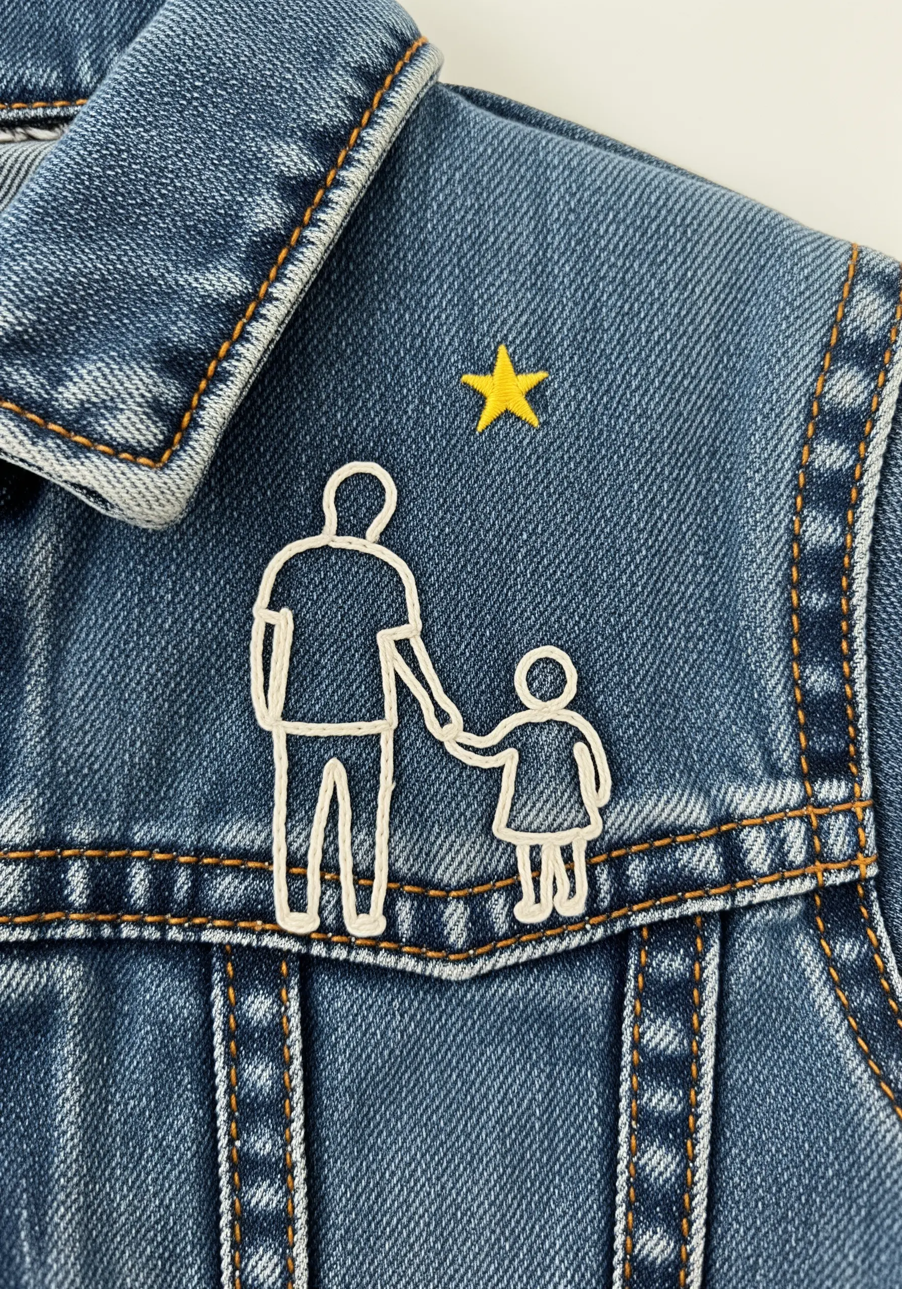 A simple outline of a father and child holding hands, stitched in white on a denim jacket collar.