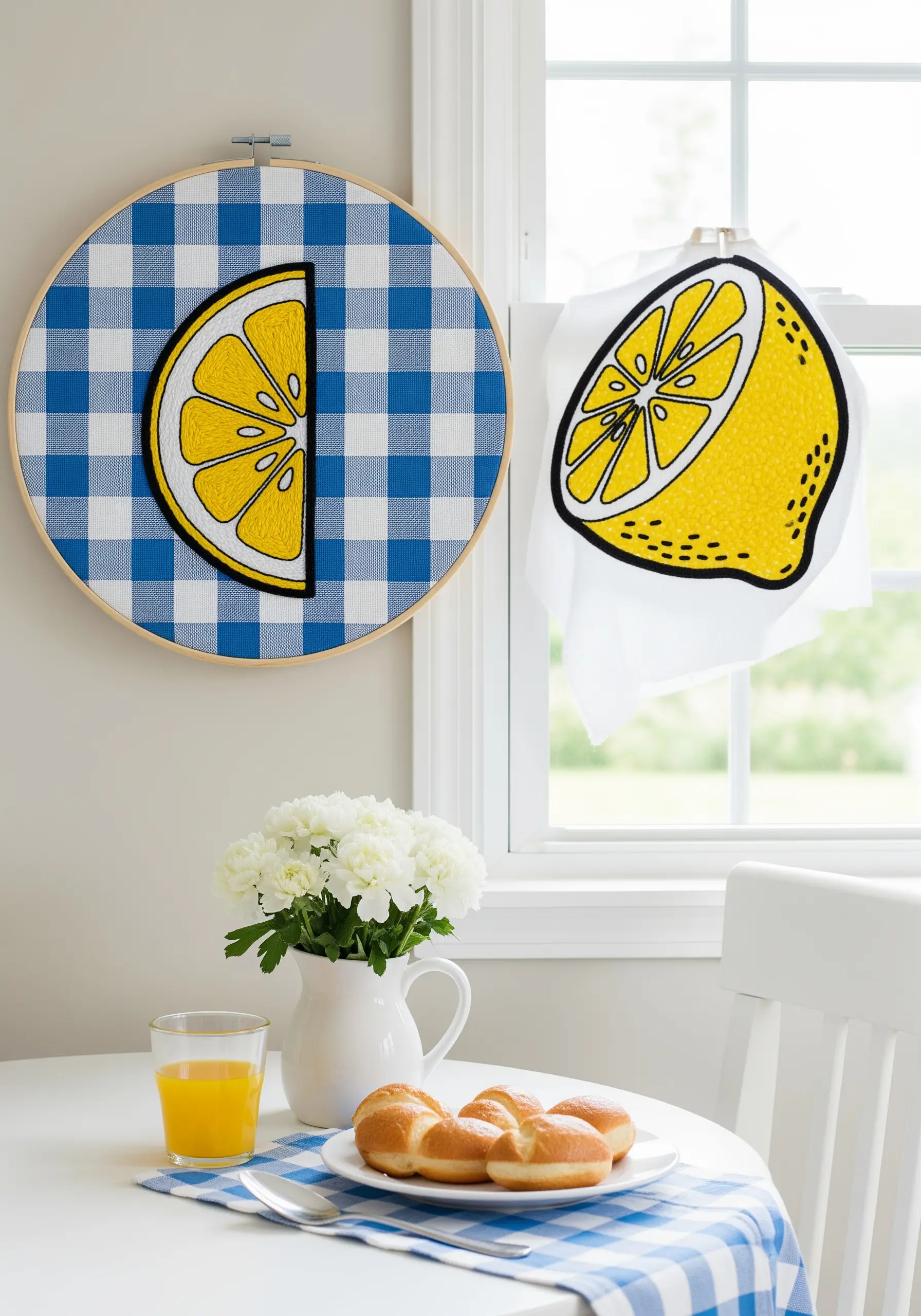 A bright yellow lemon slice embroidered on a blue and white gingham fabric background.