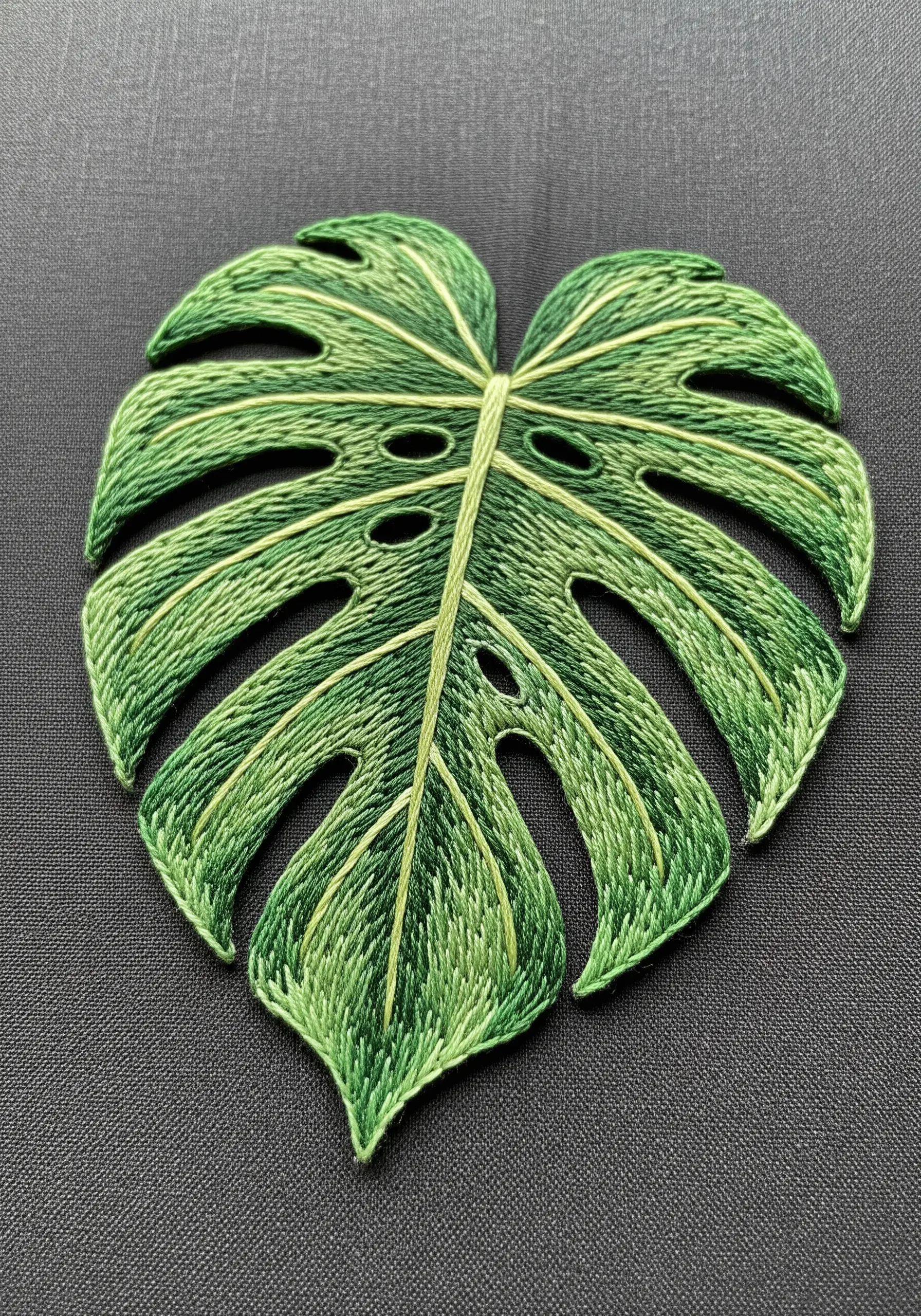 A green monstera leaf embroidered on gray fabric, showing varied stitch direction.