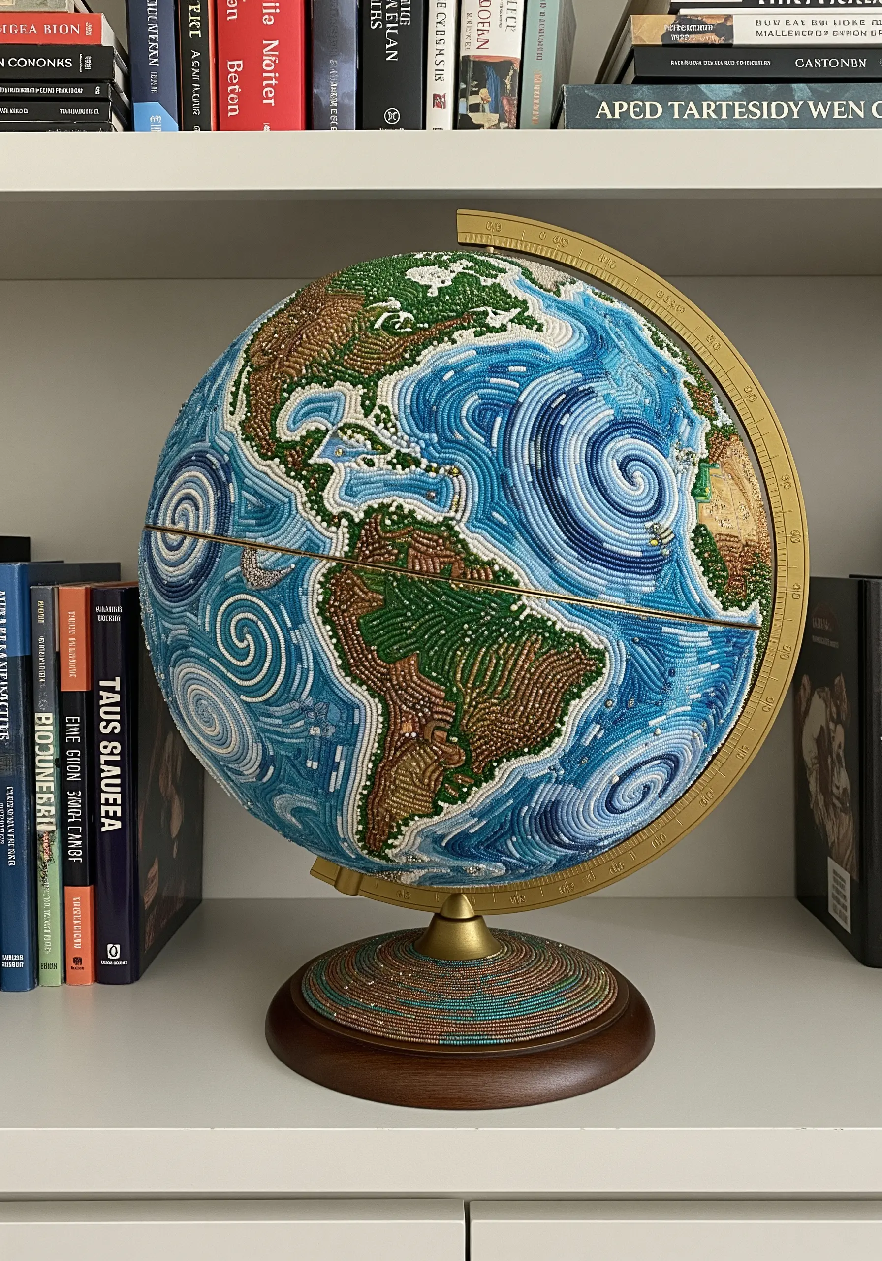 A desk globe meticulously covered in swirling patterns of blue, green, and brown seed beads.