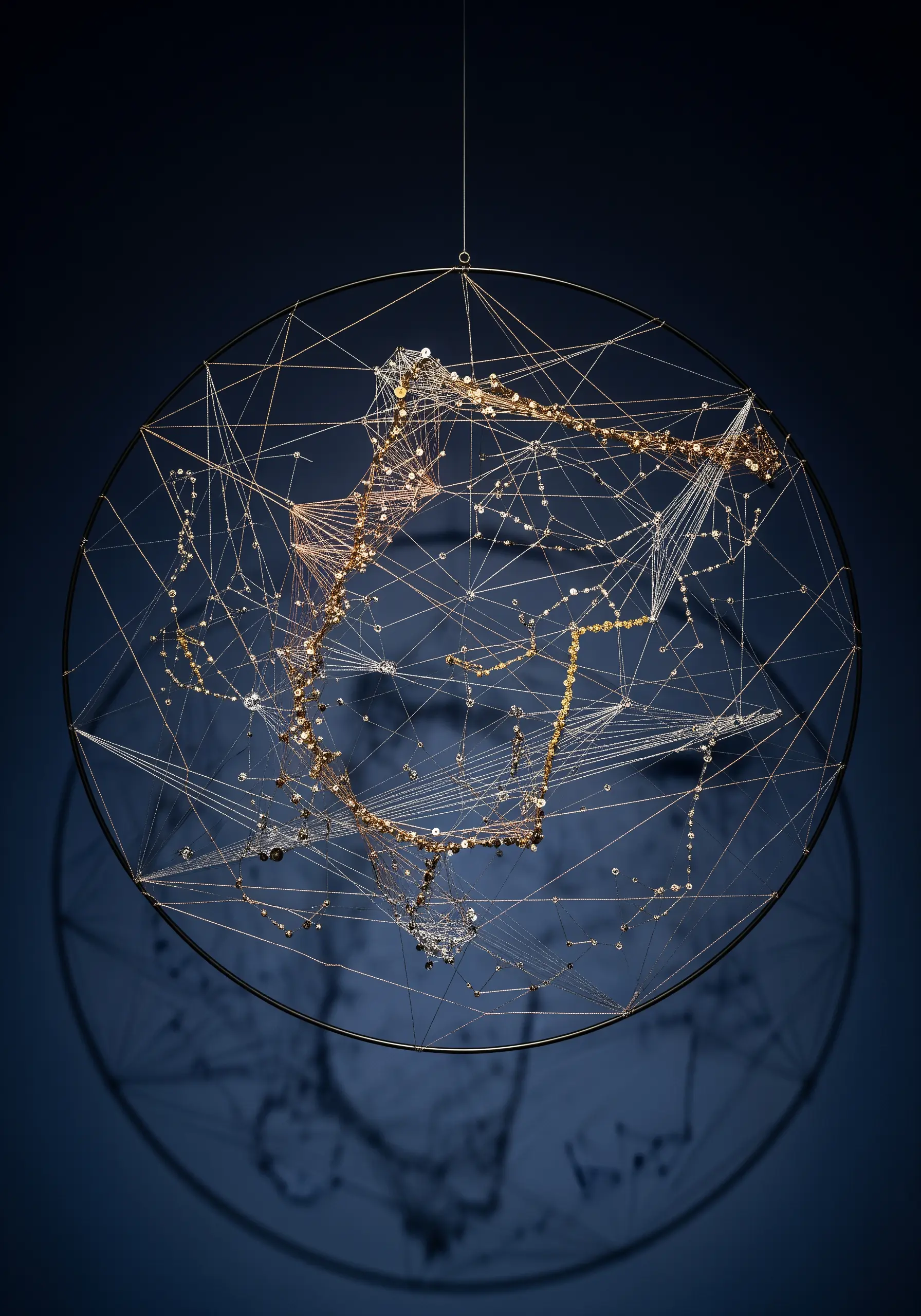 An abstract constellation made of gold and silver thread stretched across a black hoop, with sequins.