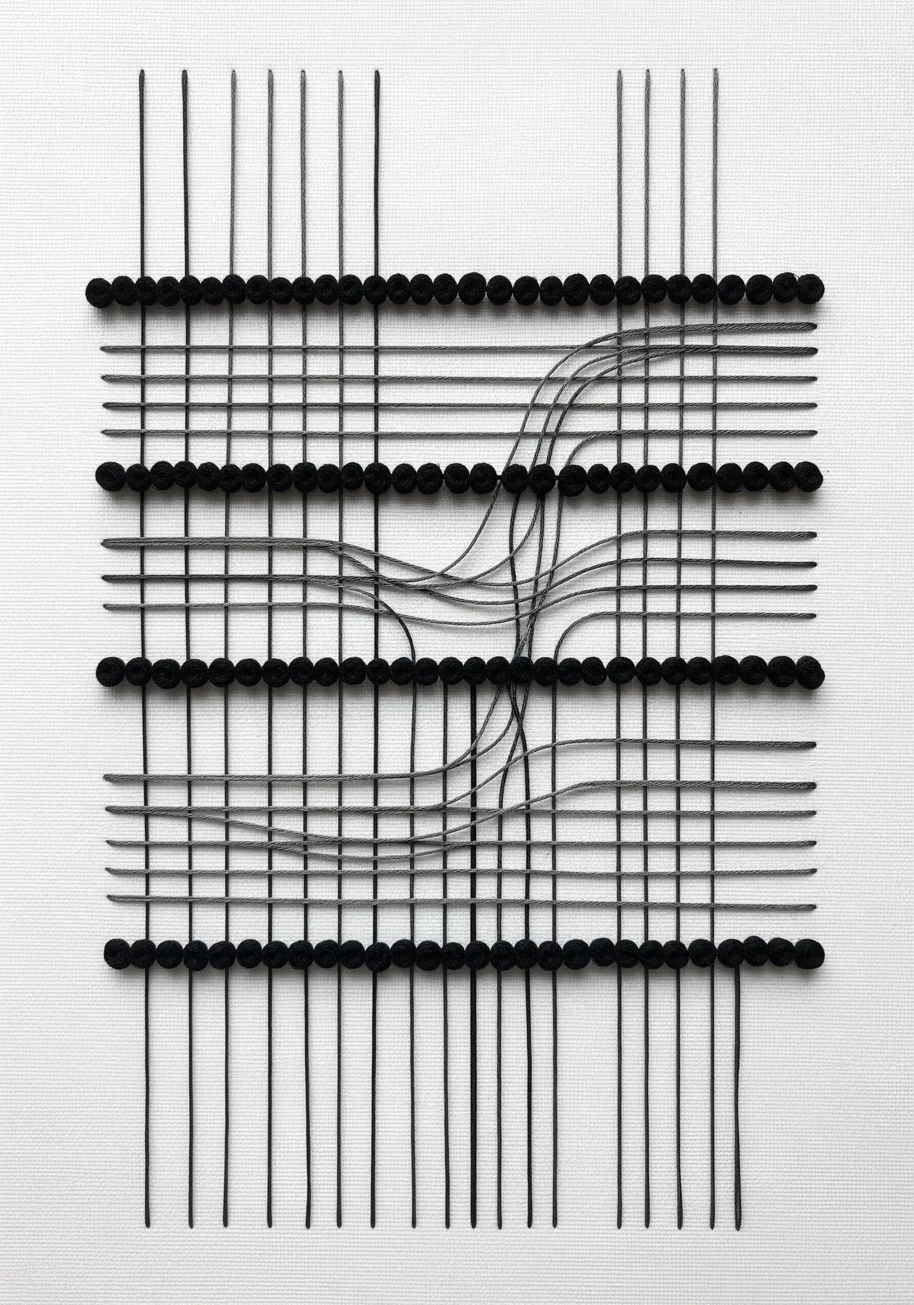 An abstract linear grid of stitched lines punctuated by rows of black French knots.