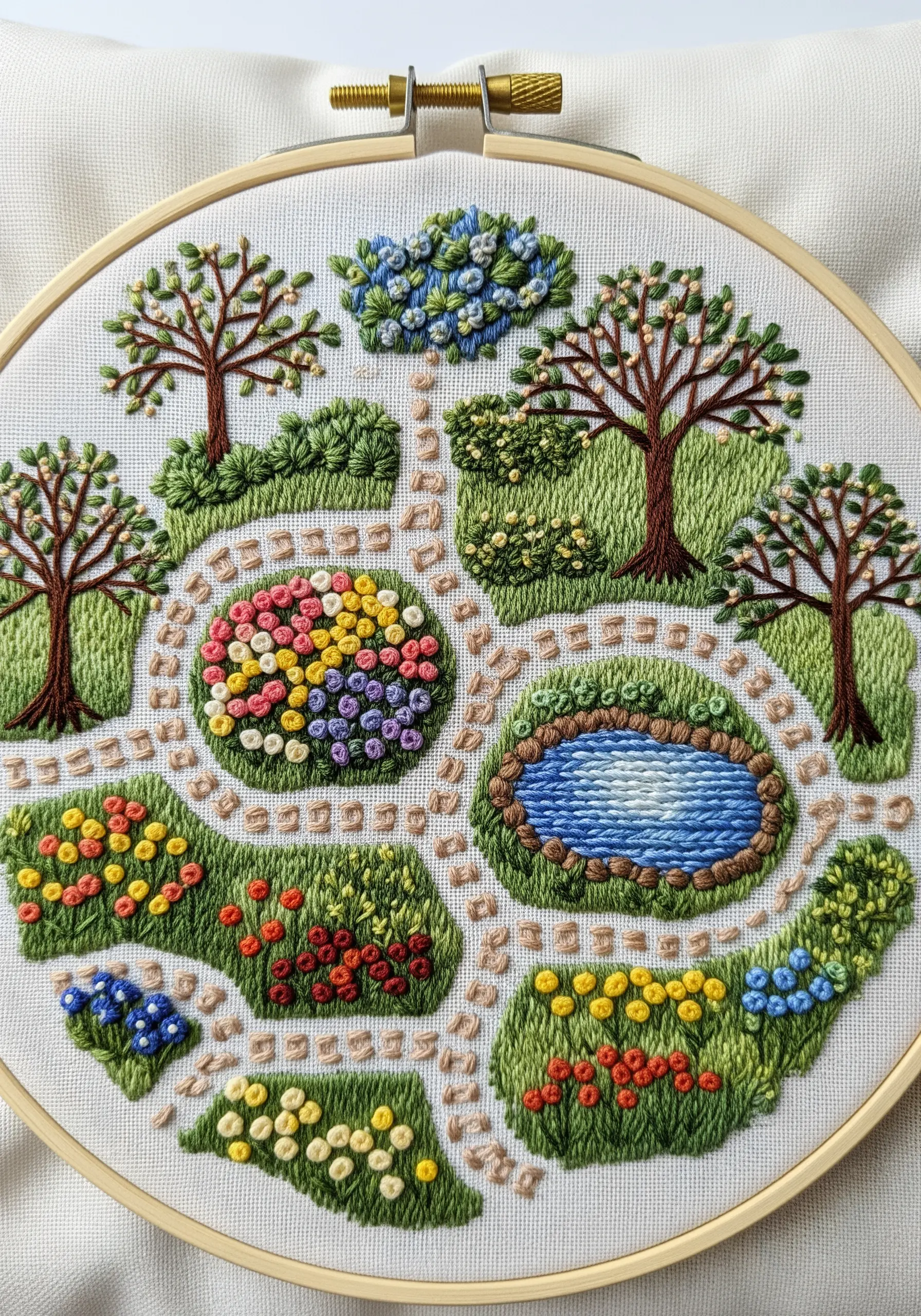 An embroidered map of a garden with textured flower beds, paths, and a pond.