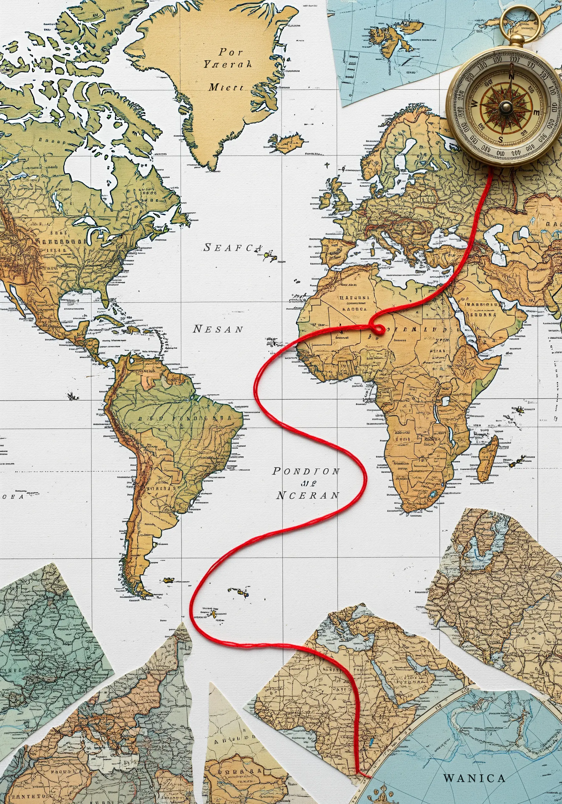 A vintage world map with a thick red cord couched across it to show a path of travel.