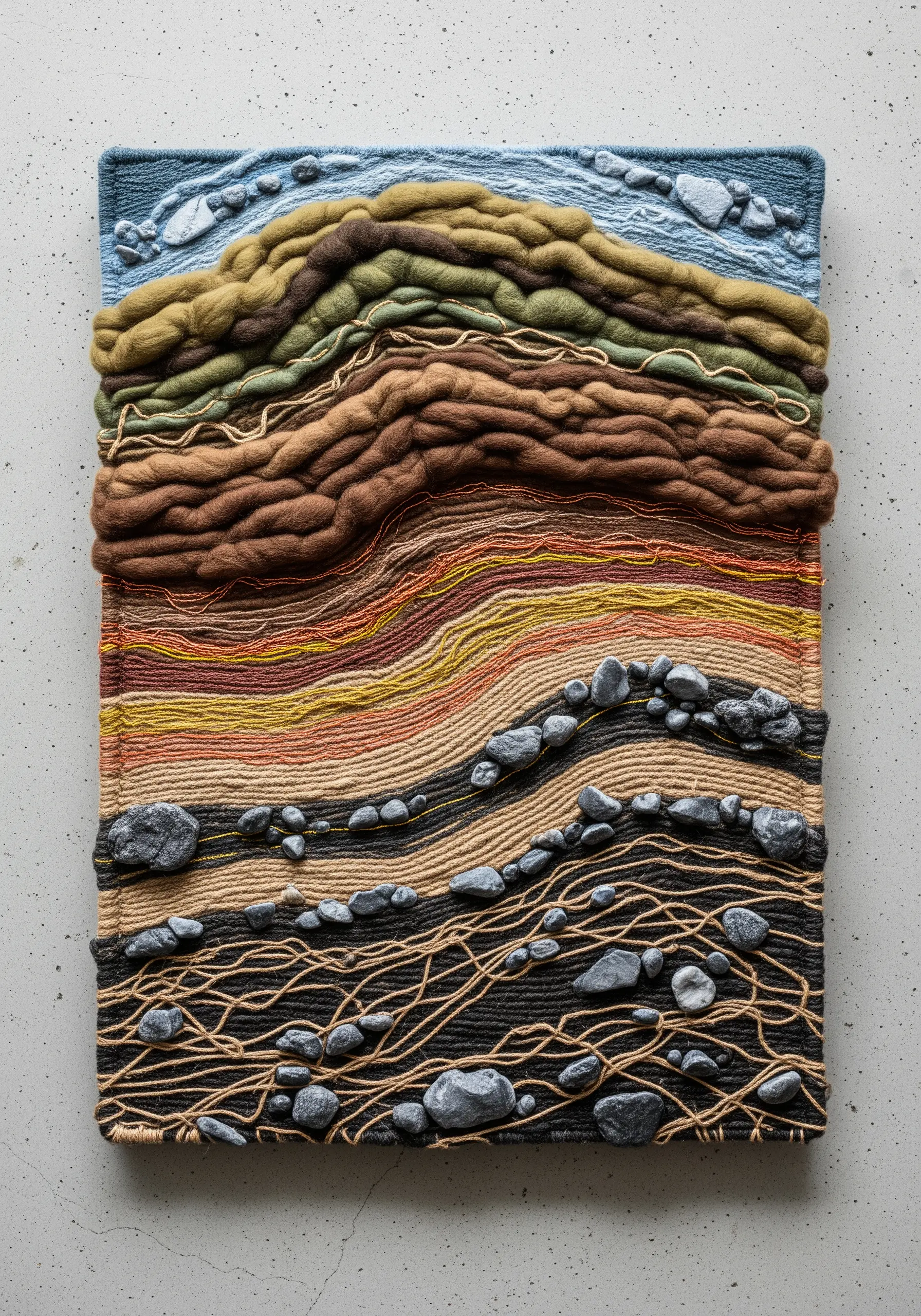 Abstract fiber art landscape using thick wool roving, thin threads, and small gray stones.