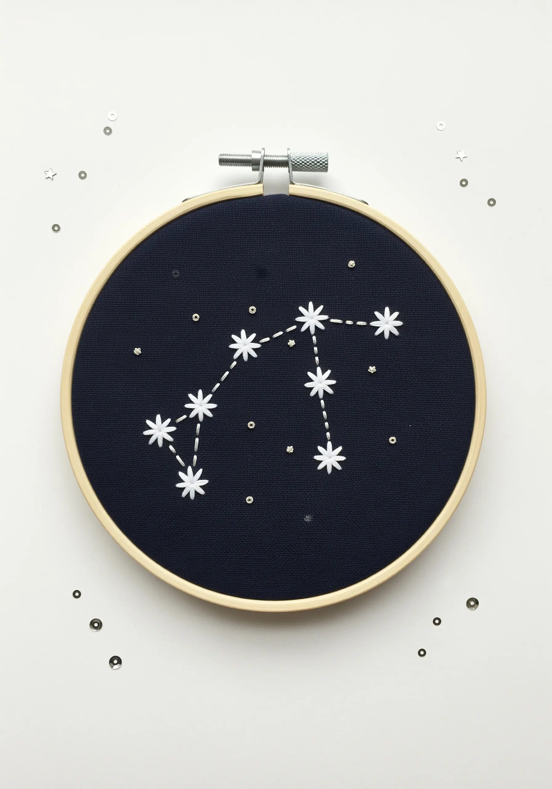 A minimalist star constellation embroidered in white on dark blue fabric.