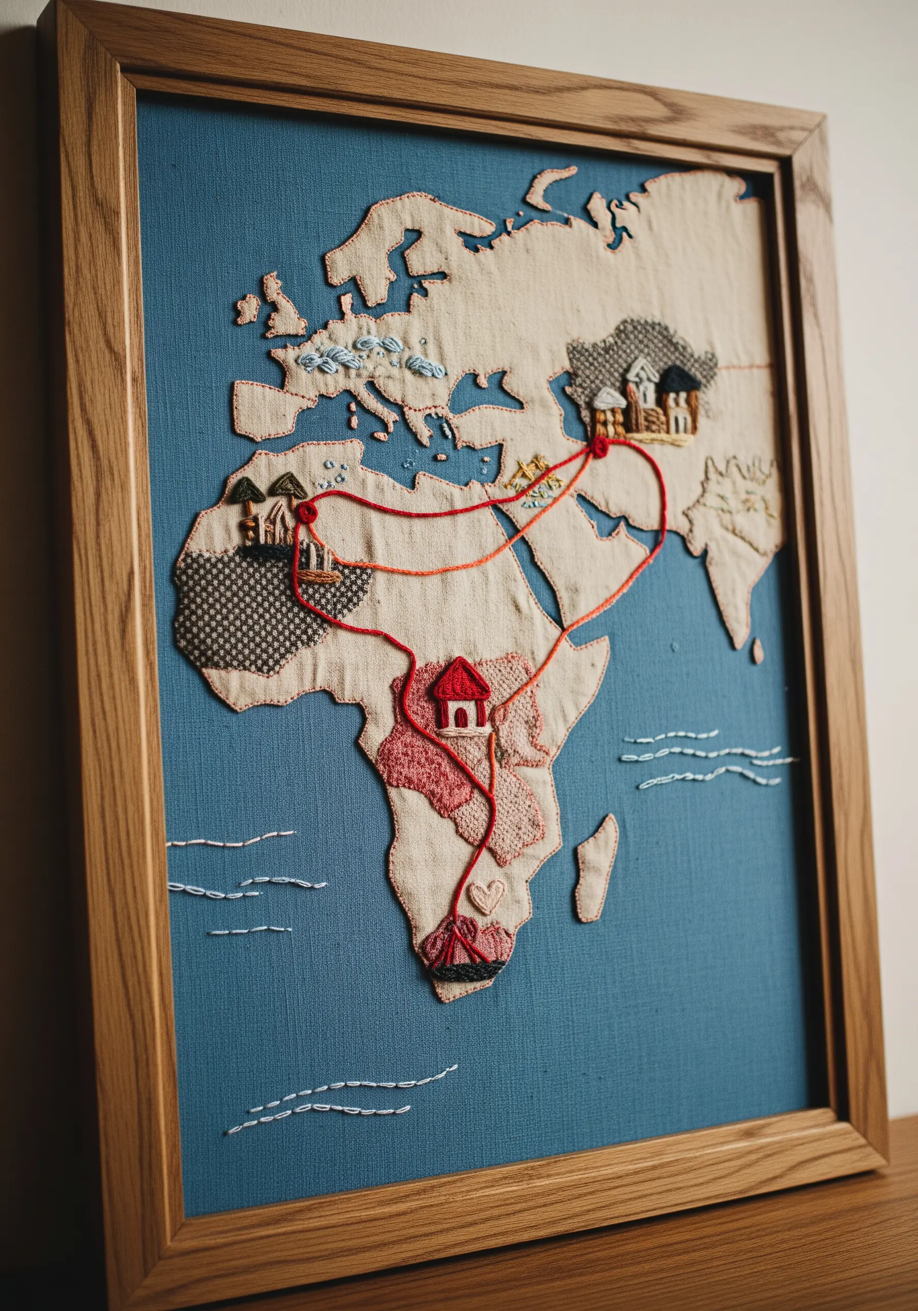 A framed world map made from fabric appliqué with a red stitched line tracing a journey.