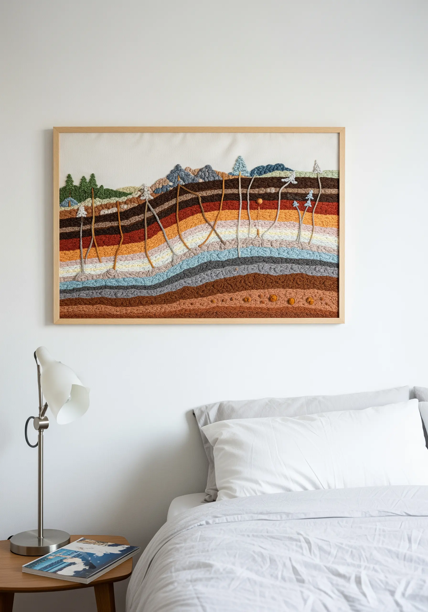 Large framed embroidery showing a colorful, textured cross-section of soil layers and roots.