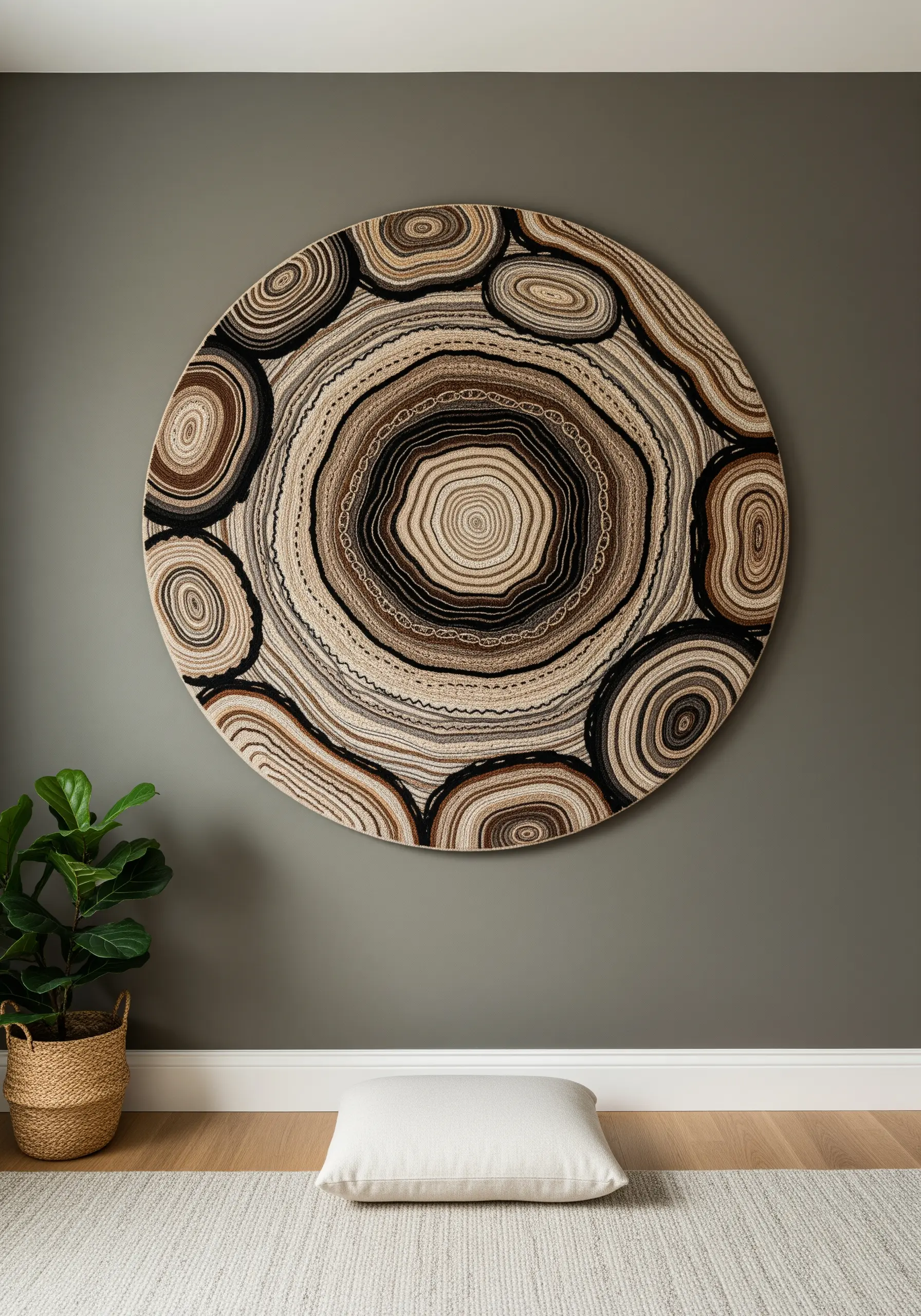 A very large embroidery hoop with a detailed tree ring pattern in neutral earth tones.