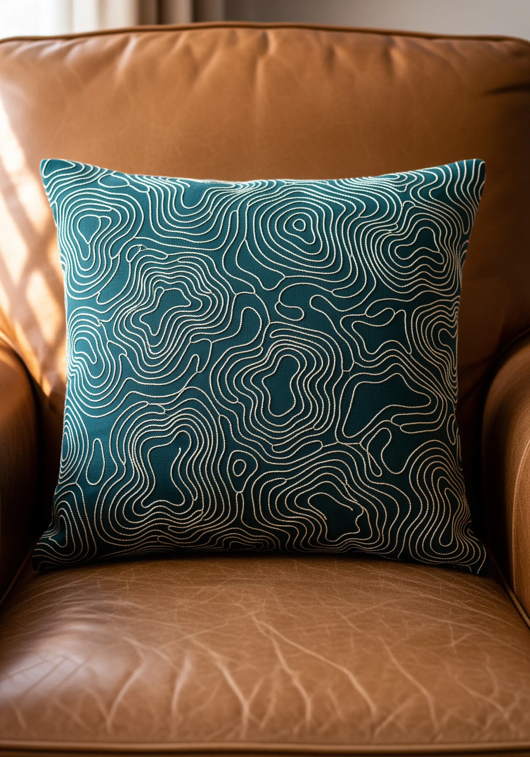 An intricate, all-over pattern of swirling white lines on a teal pillow, resembling a topographic map.