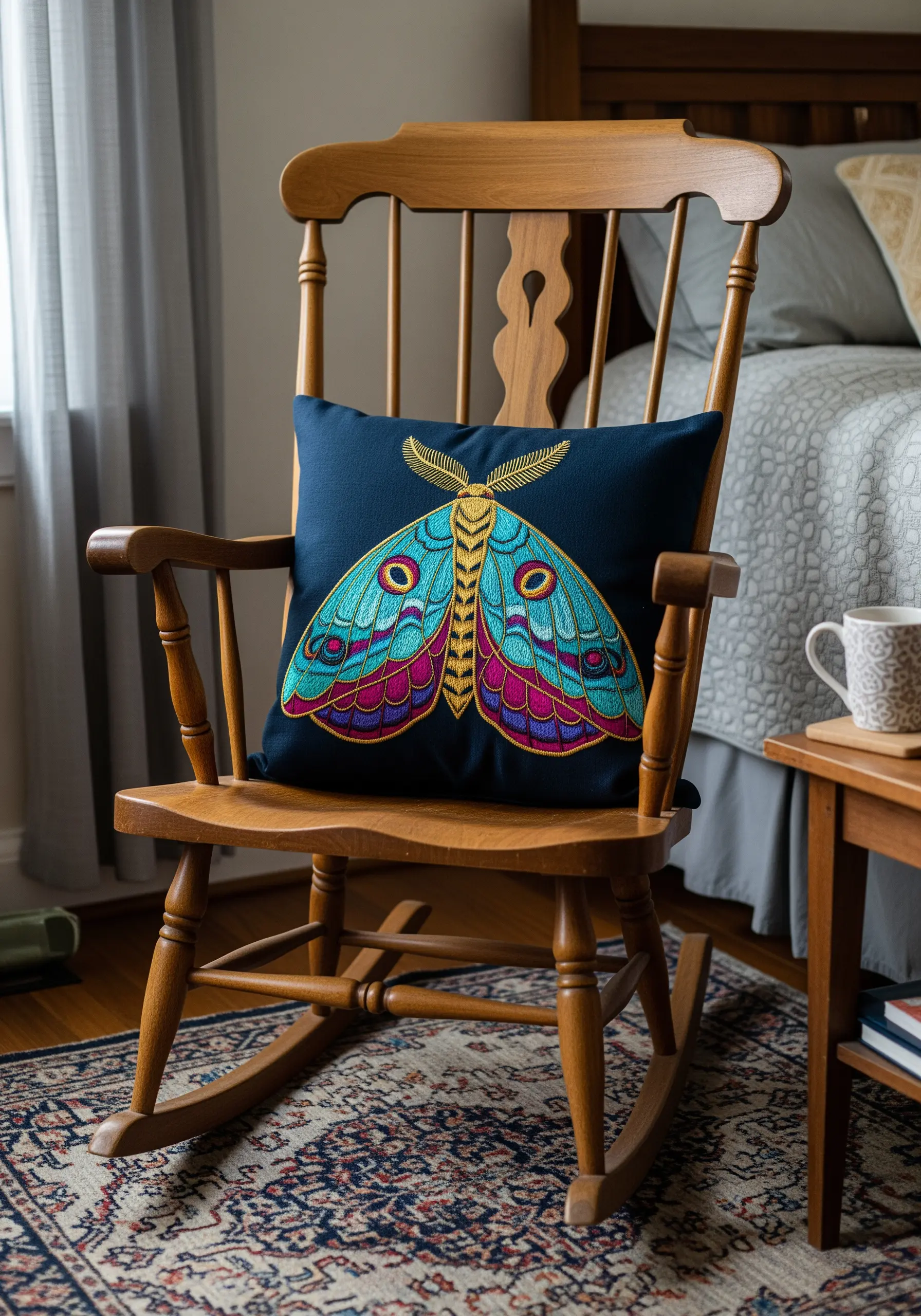 A dark blue pillow with a large, intricately embroidered moth in vibrant shades of blue, magenta, and yellow.