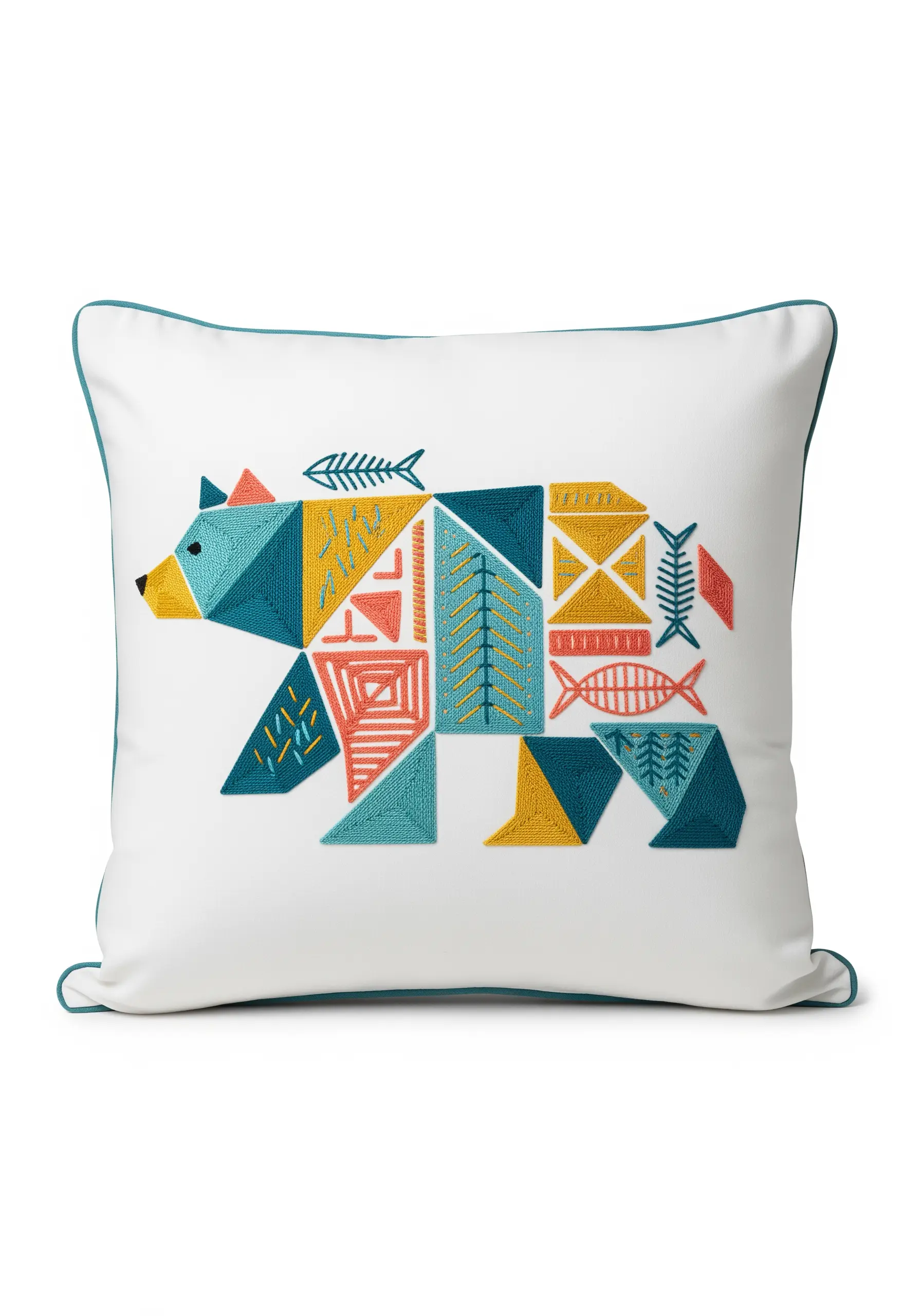 Geometric bear embroidery with colorful satin-stitched triangles and patterns.