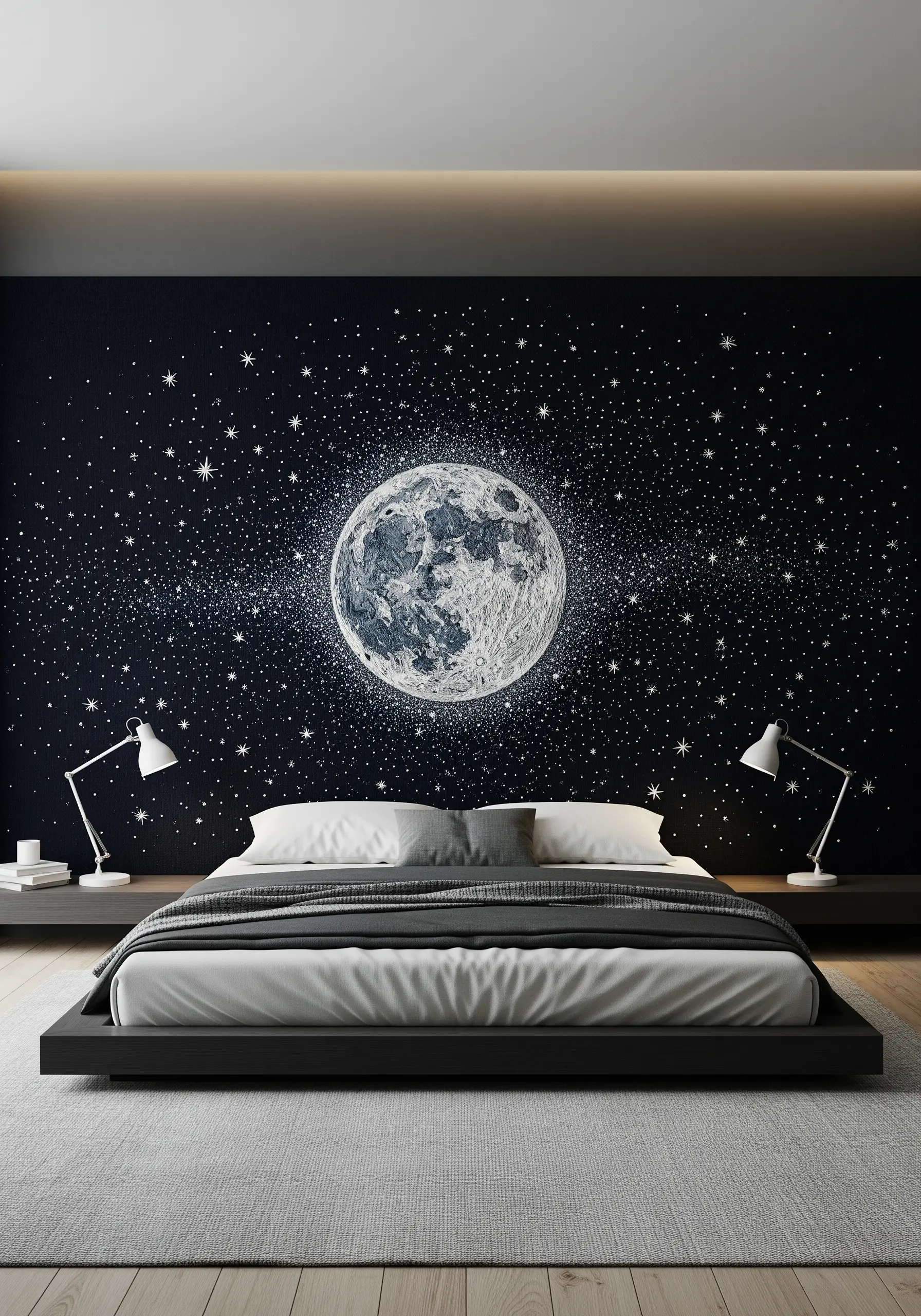 A massive wall embroidery of the moon and a starry galaxy behind a bed.