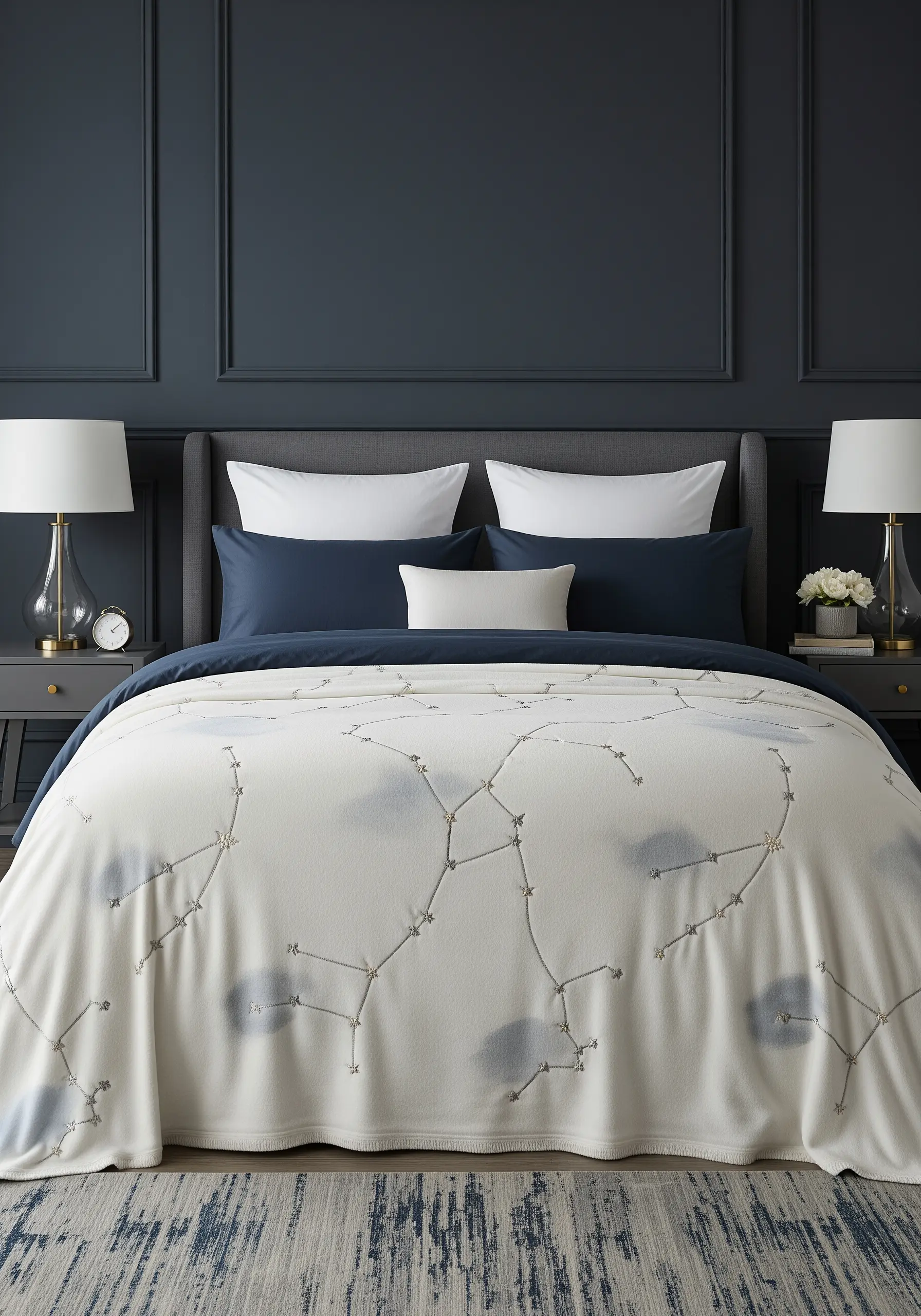 A white blanket embroidered with a celestial constellation map and soft blue clouds.