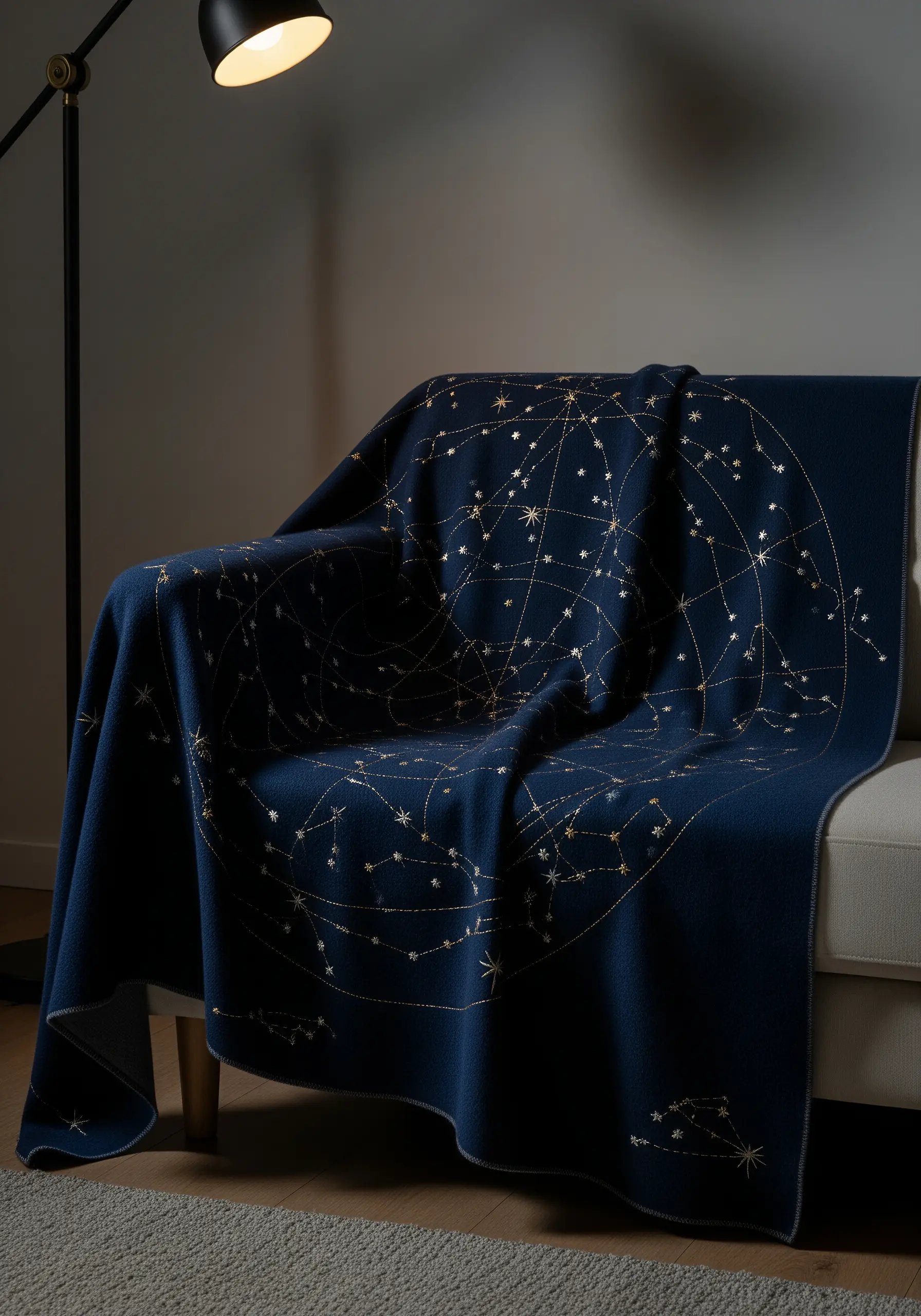 A celestial map of constellations stitched in gold metallic thread on a navy blue blanket.