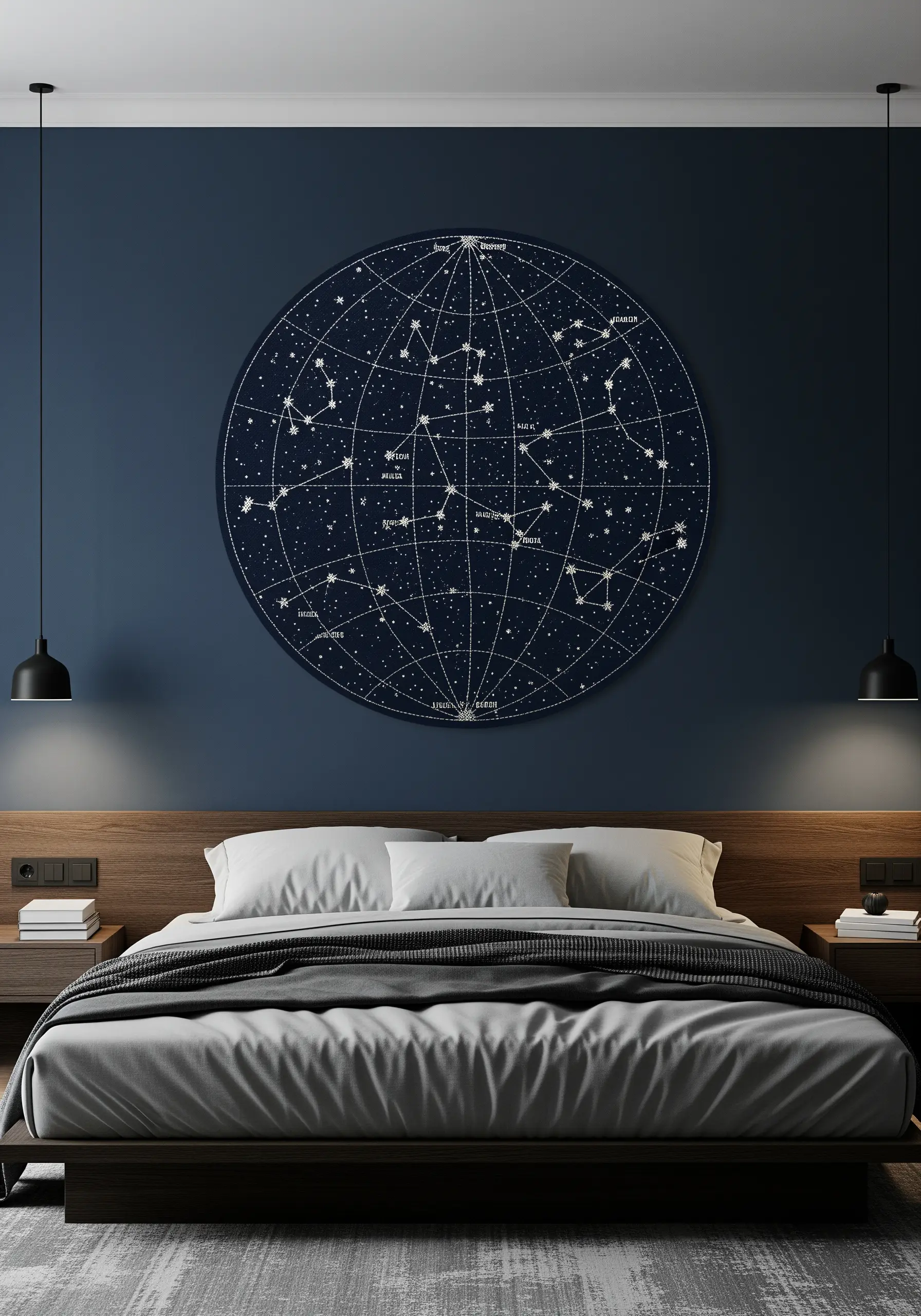 A large, circular celestial map embroidered with silver thread on a dark navy blue wall.