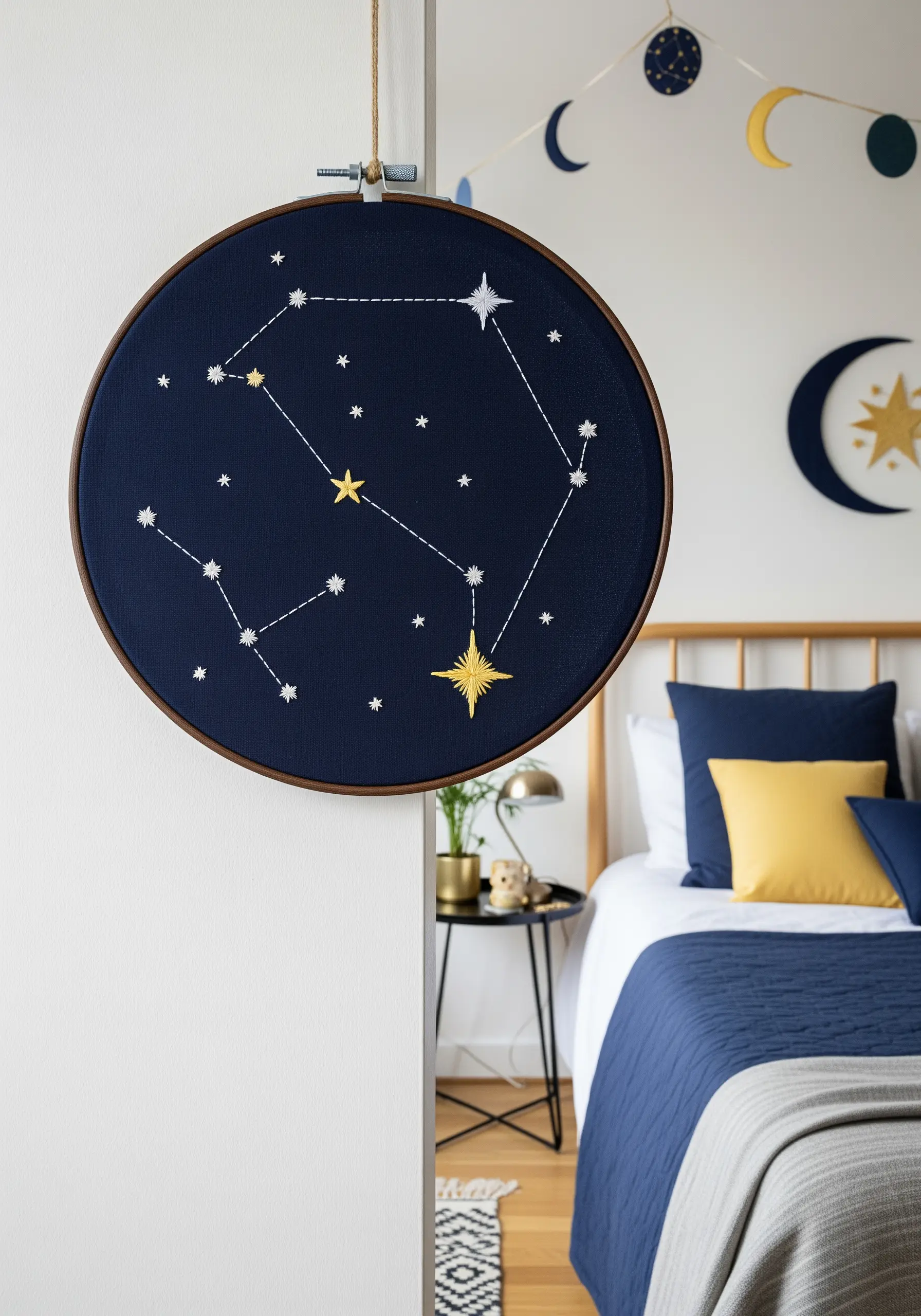 An embroidery hoop displaying a star constellation in white and gold on navy fabric.