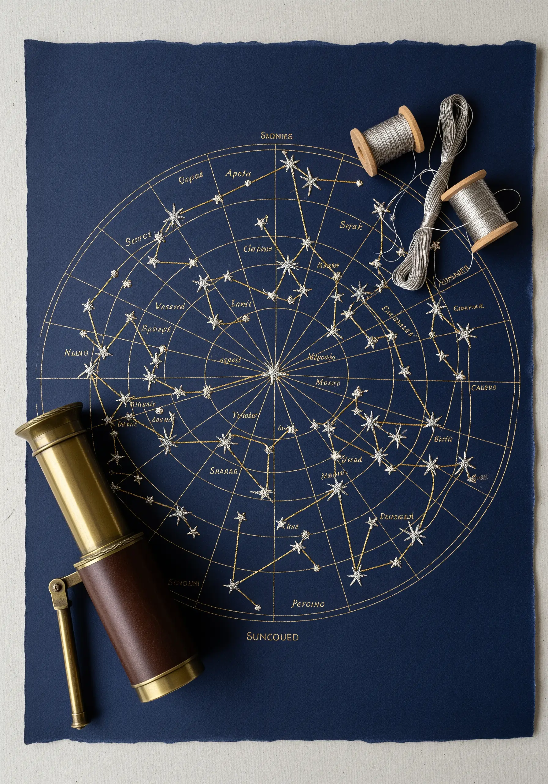 A vintage-style star chart on dark blue paper, embroidered with silver metallic thread.