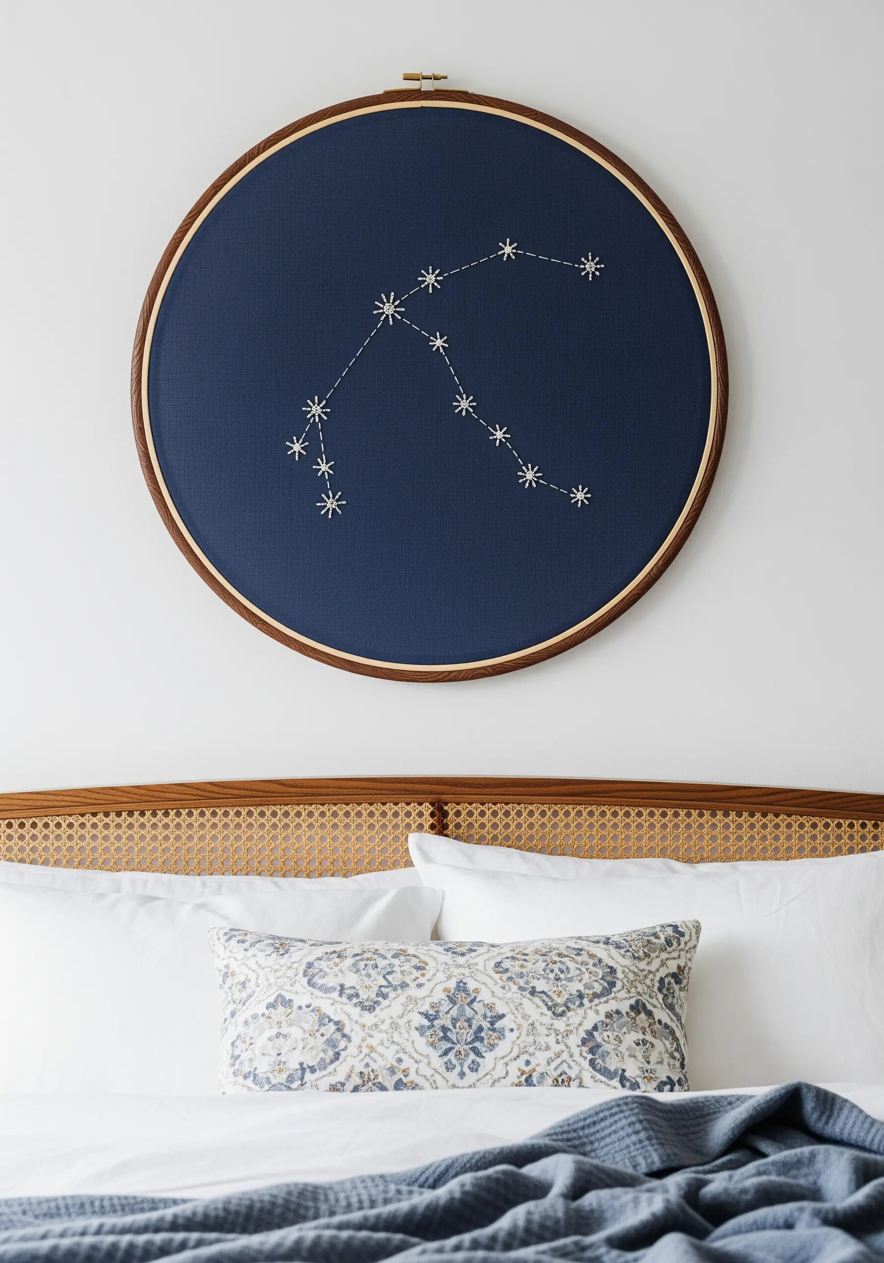 A star constellation embroidered in white thread on navy fabric in a large hoop.