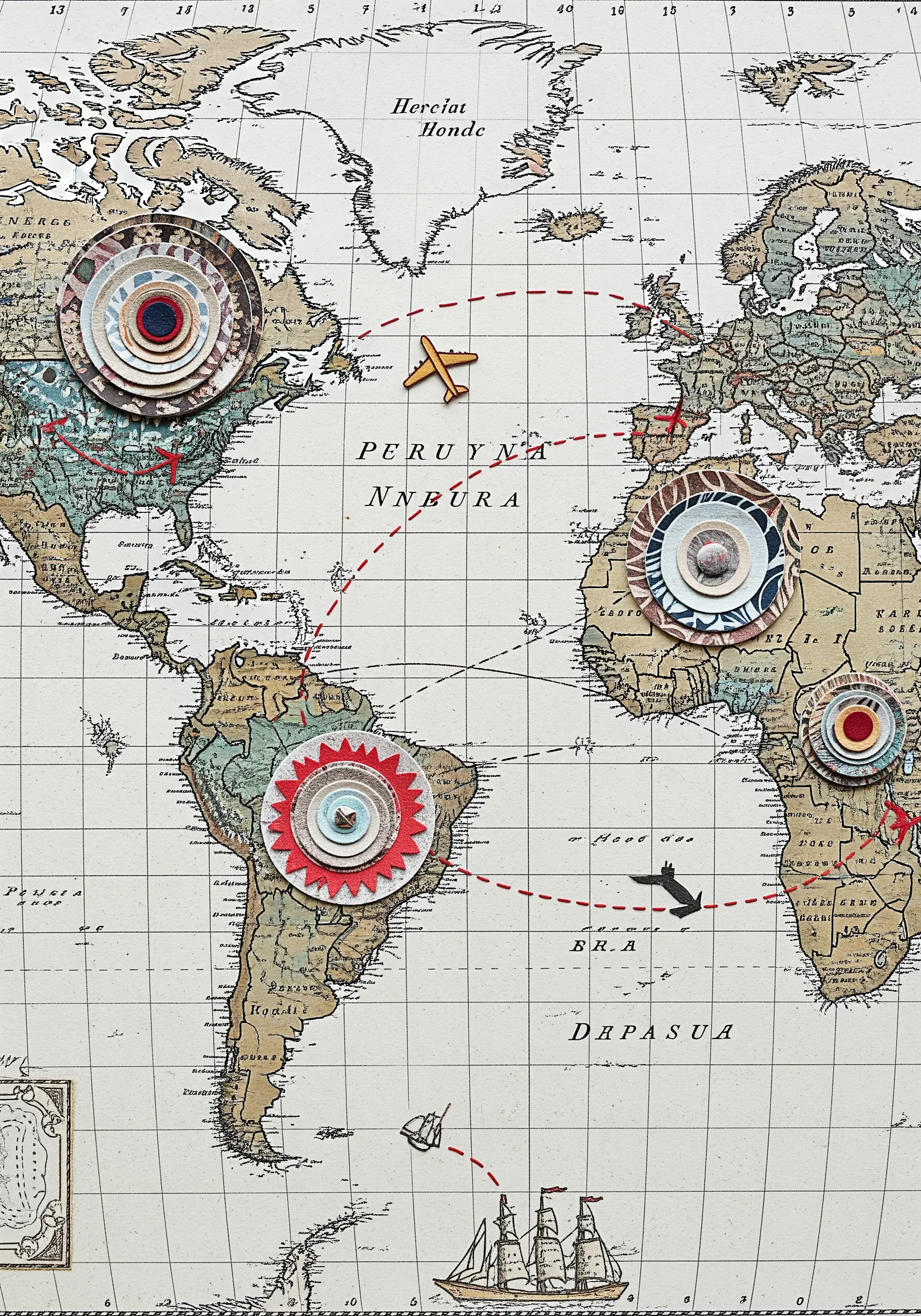 A vintage world map with stitched red lines connecting collaged medallions that mark locations.