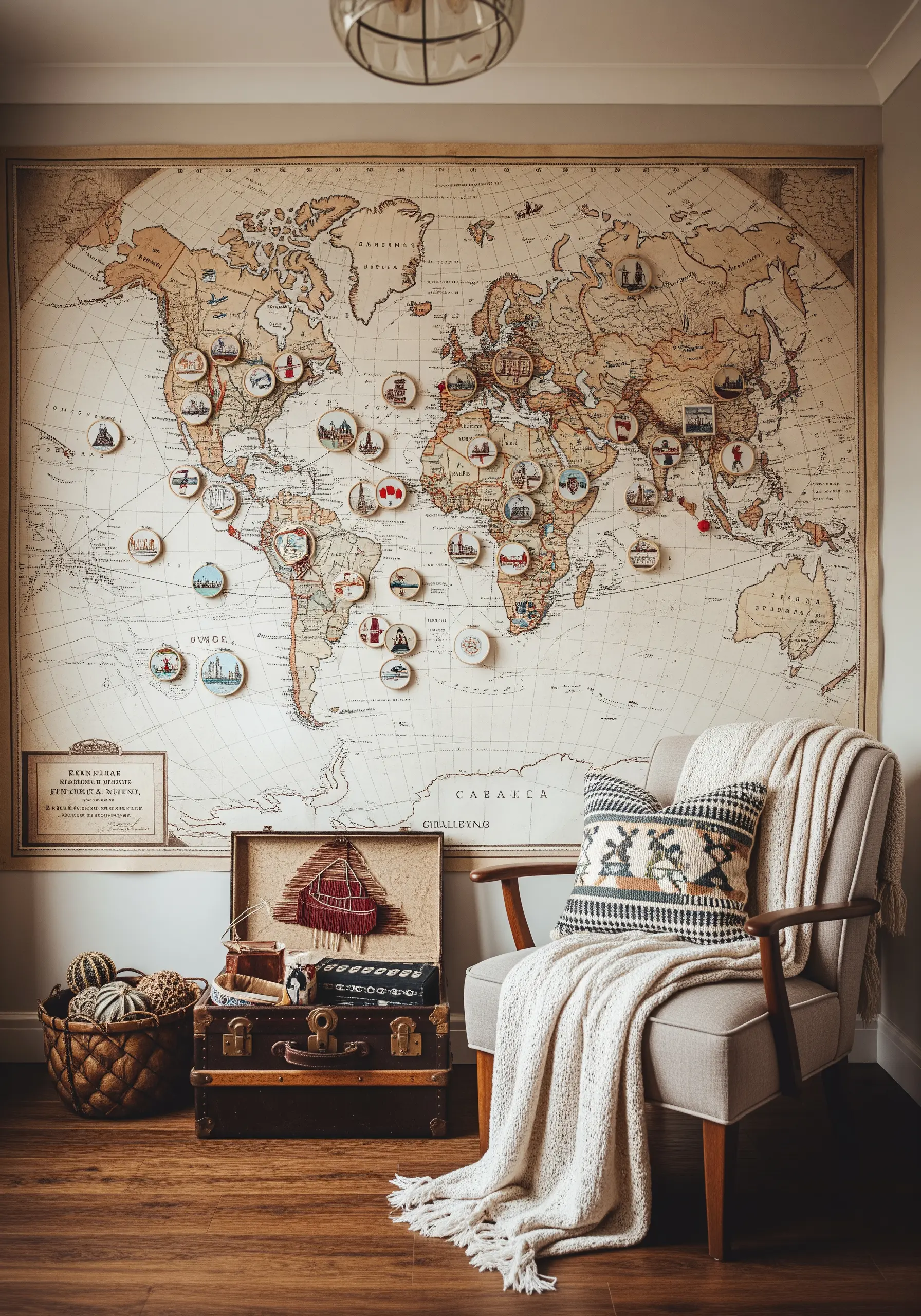 A large world map on a wall decorated with dozens of tiny embroidery hoops marking locations.