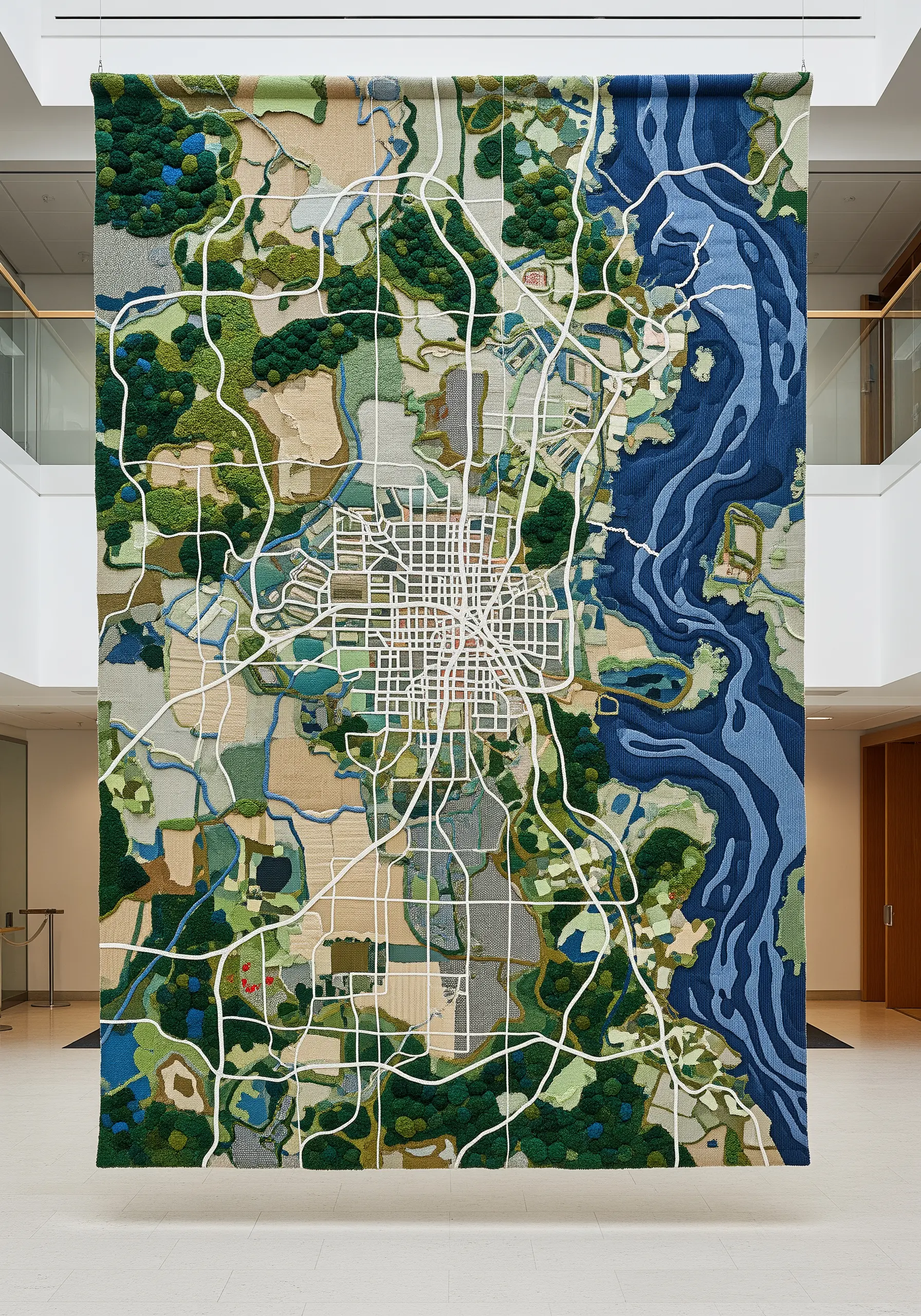 A large, detailed textile map with various textures representing land, water, and city grids.
