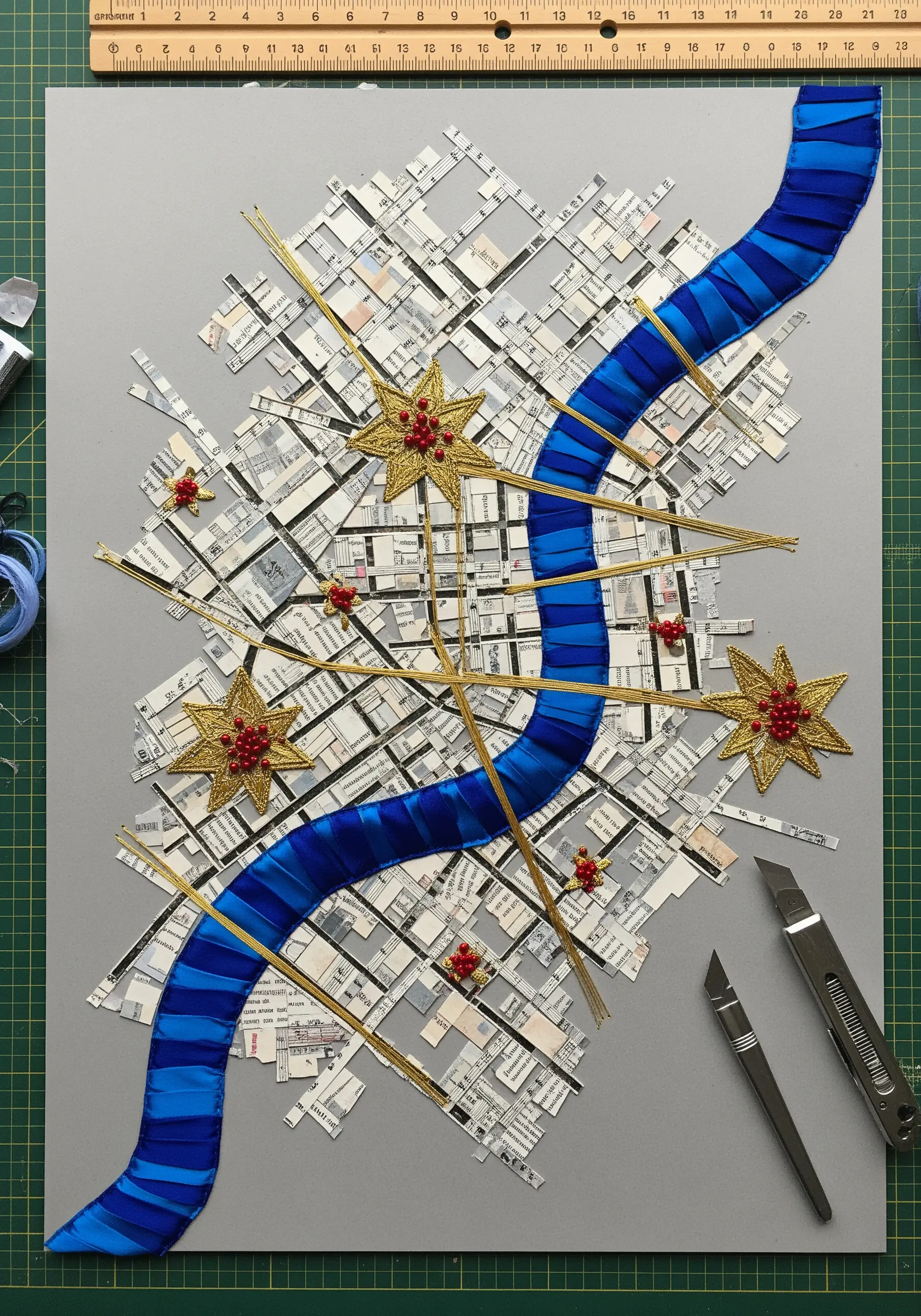 Abstract city map collage with a blue ribbon river and beaded gold stars as landmarks.