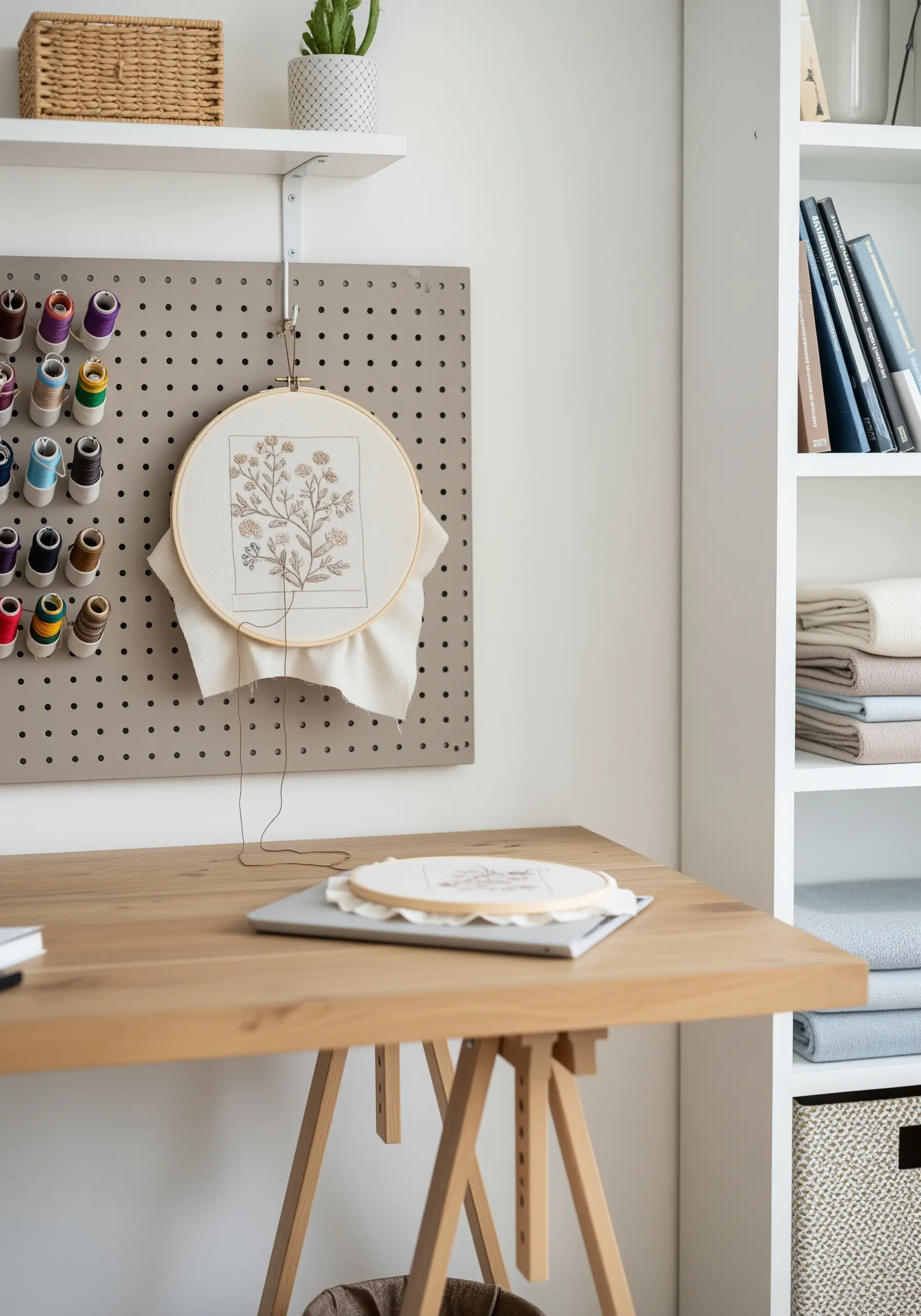An embroidery hoop on a desk showing a work-in-progress botanical pattern.