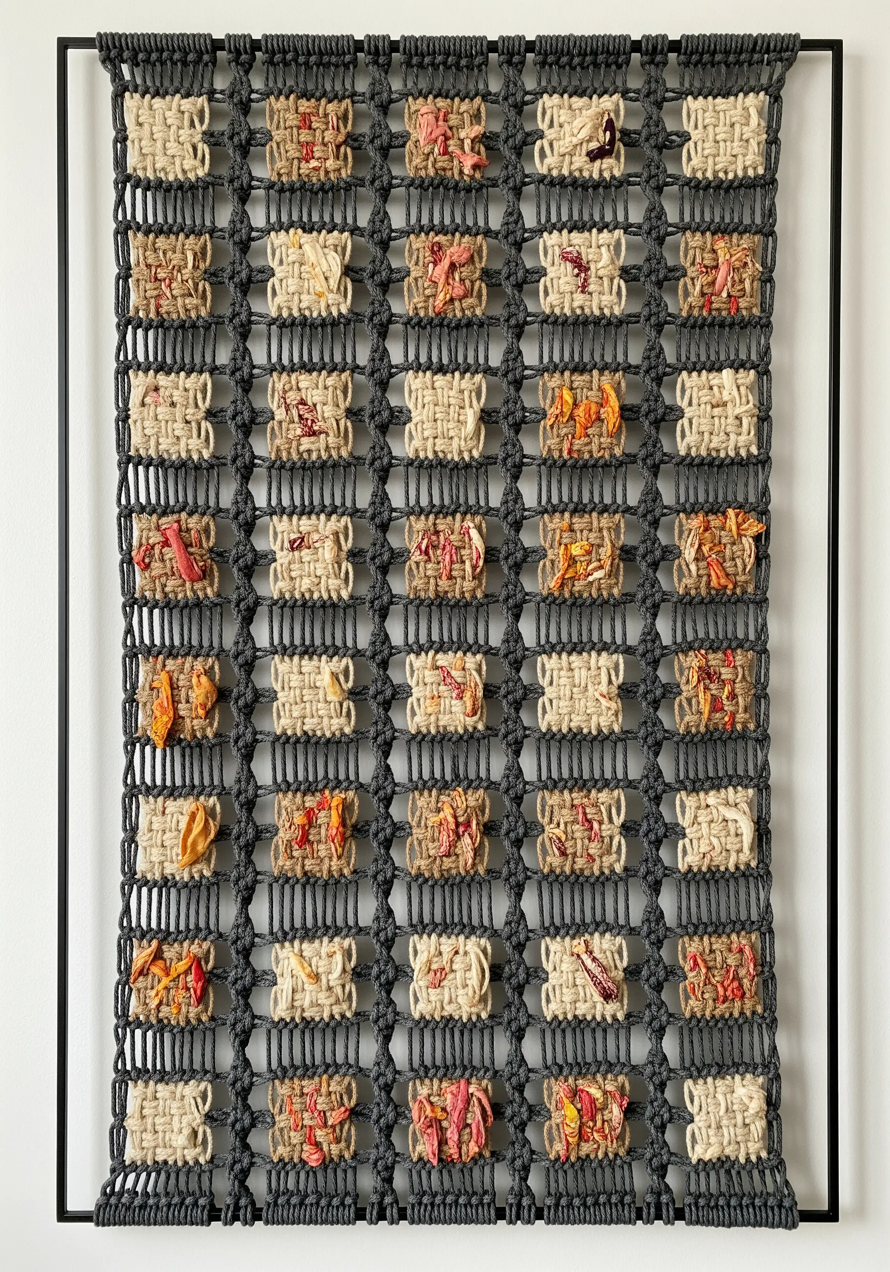 A framed macrame grid with small, colorful woven squares inlaid in the openings.