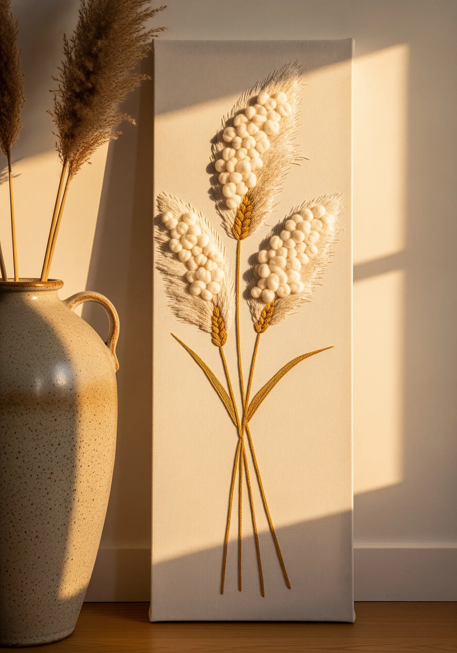 Mixed-media embroidery of pampas grass using fluffy yarn and smooth thread on canvas.