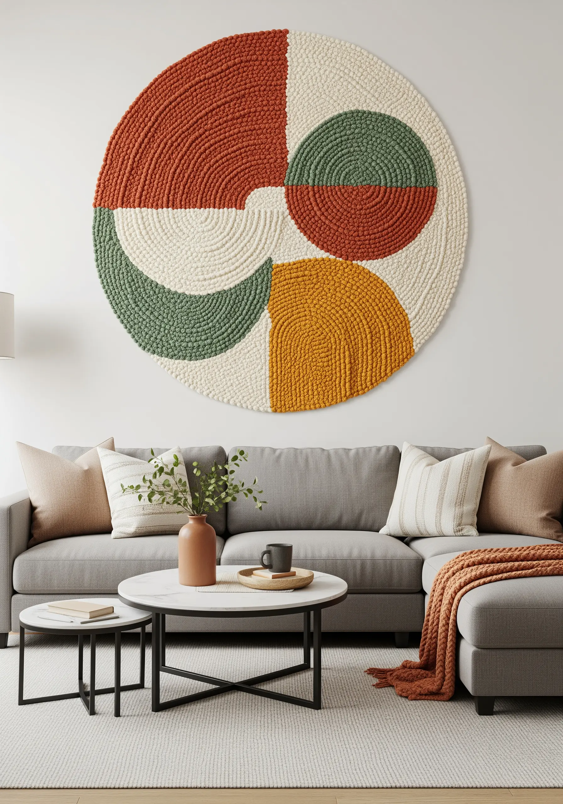 A large, circular punch needle wall hanging with abstract geometric shapes in terracotta, green, and yellow.