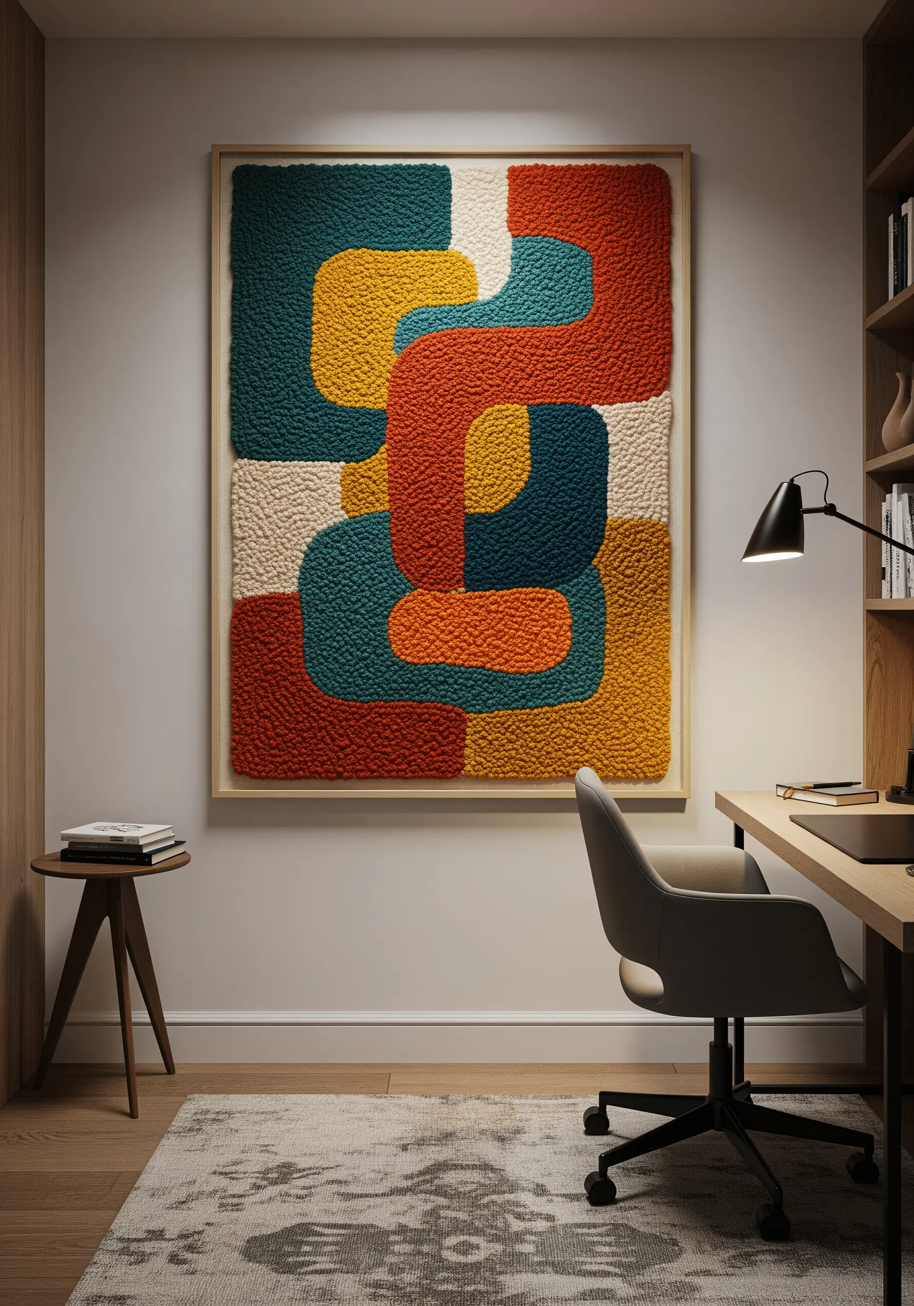A large, framed abstract punch needle artwork with interlocking shapes in teal, orange, and yellow.