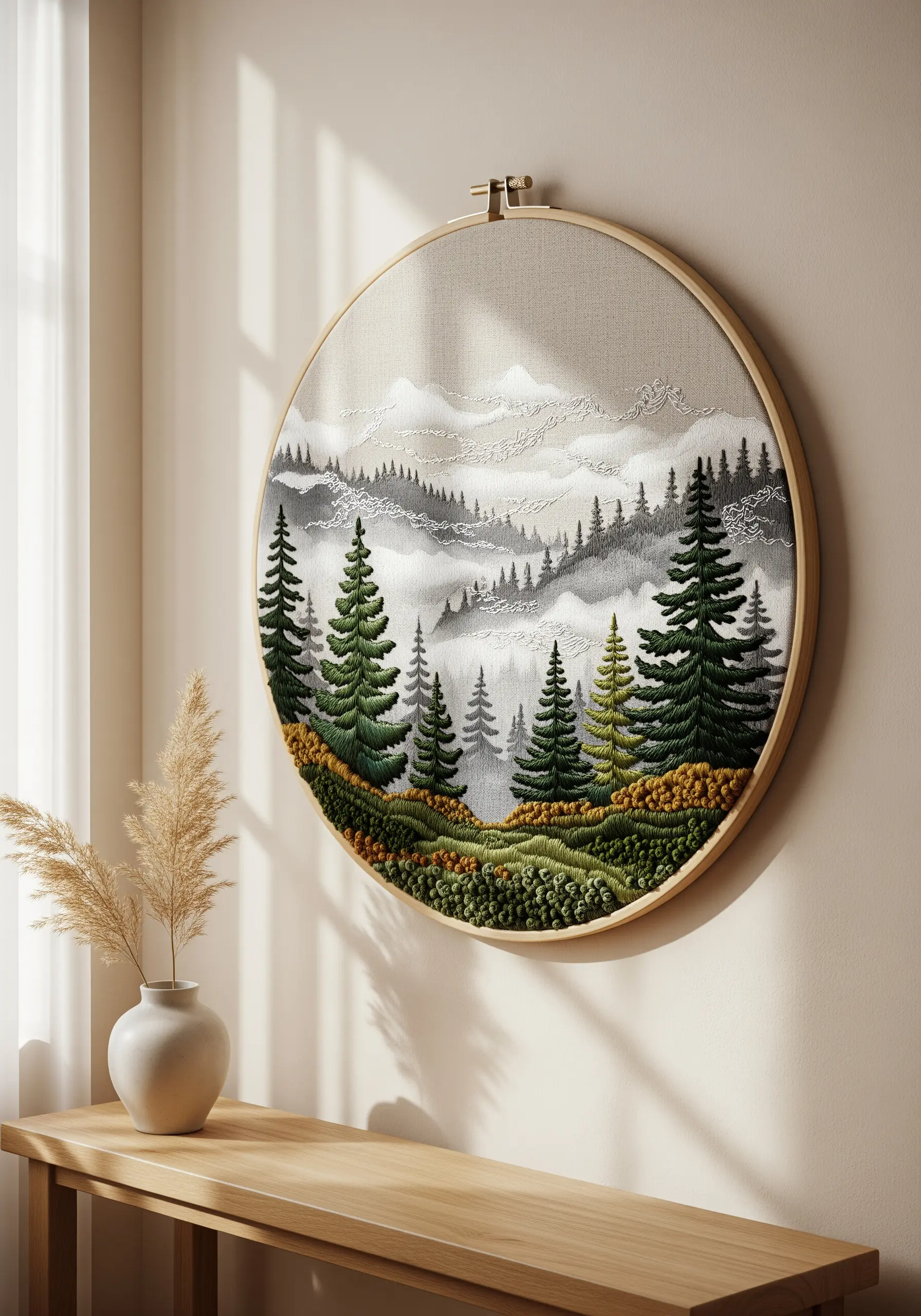Embroidered forest landscape with misty mountains in a large hoop.