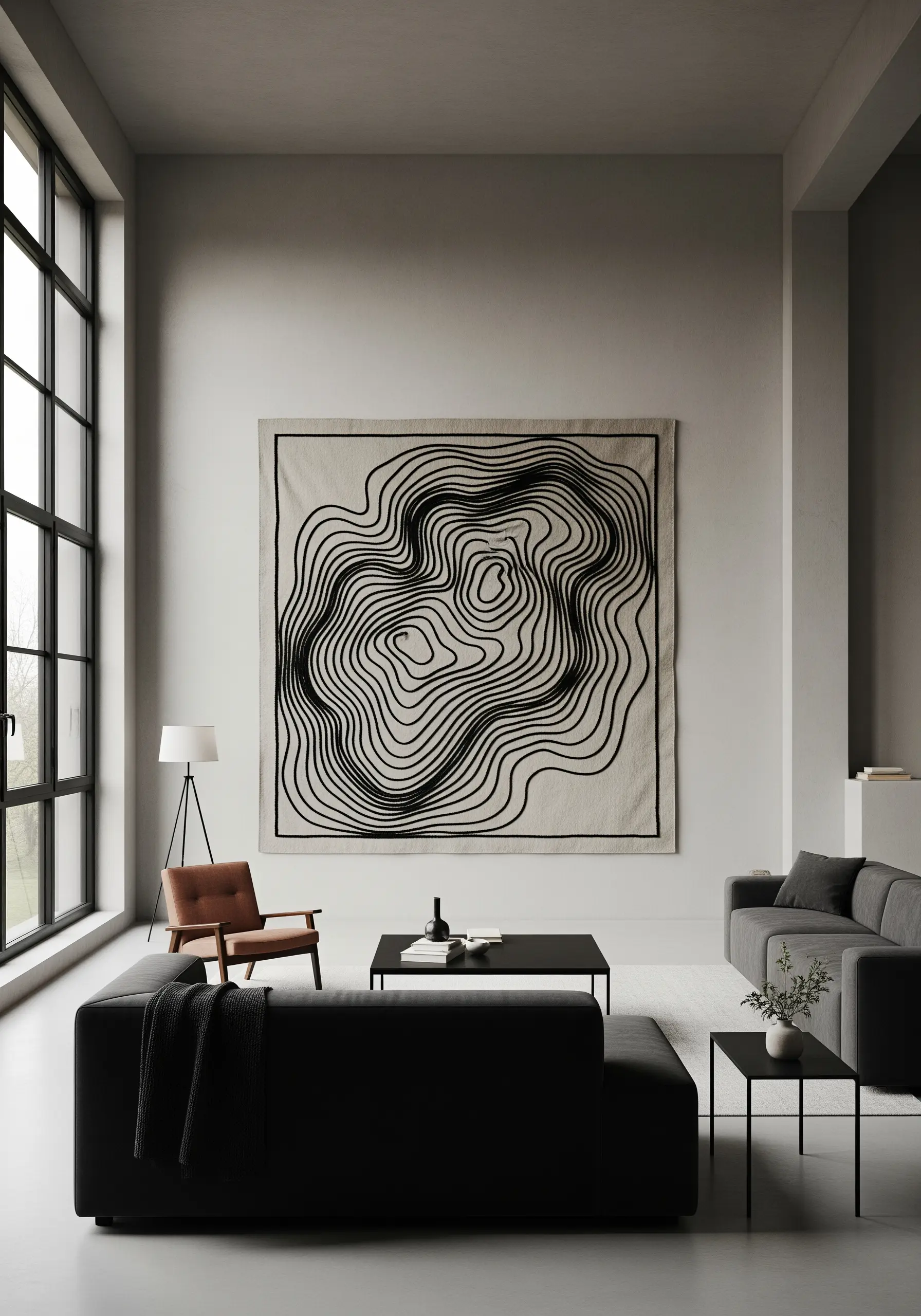 A large wall hanging with a black topographic line pattern on a neutral background.