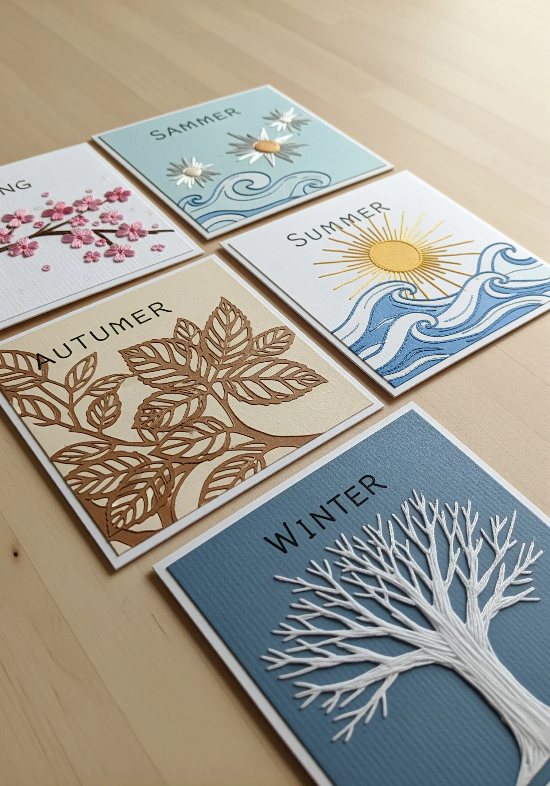 A set of five seasonal cards with embroidered and paper-cut designs for spring, summer, autumn, and winter.