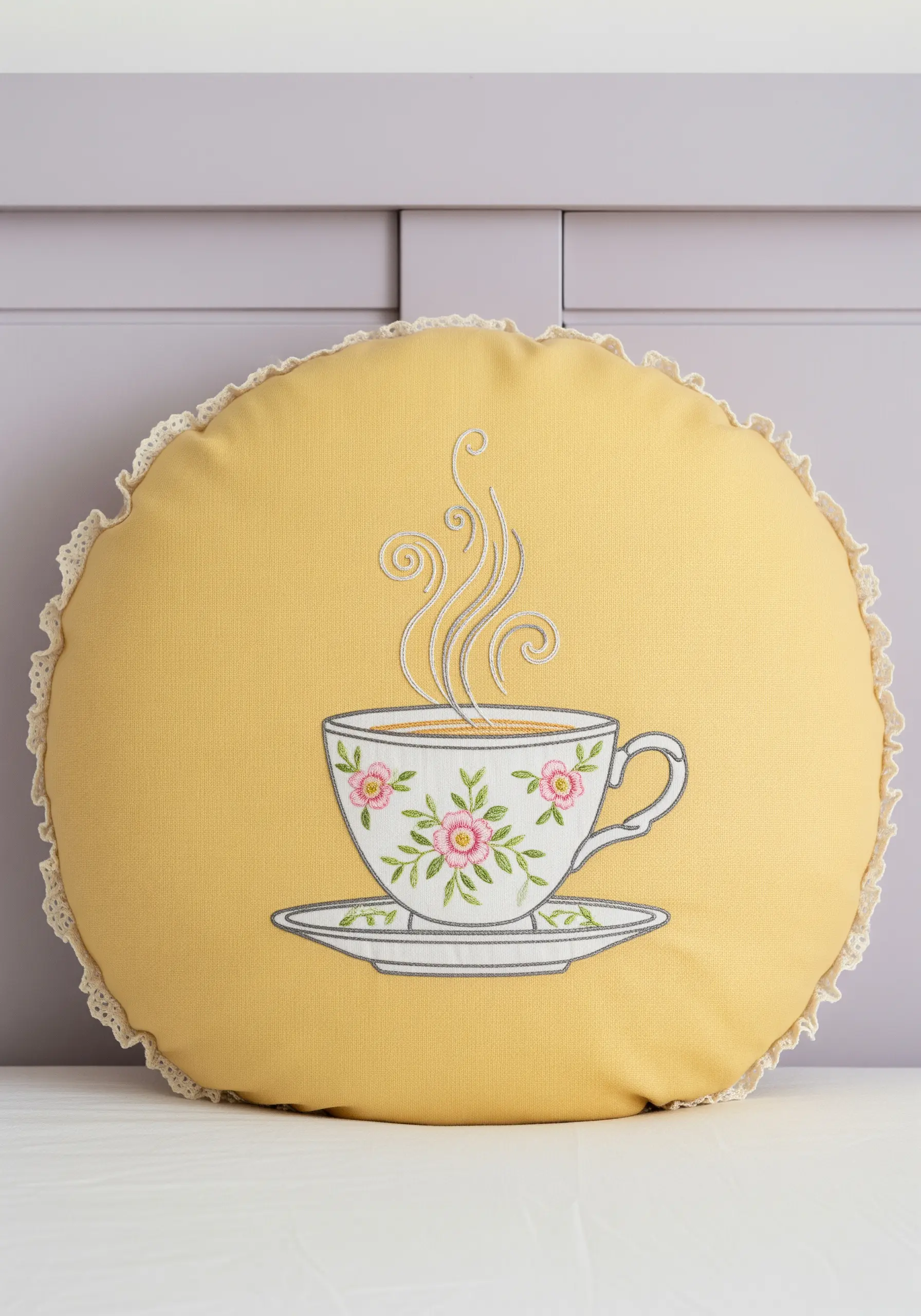 Round yellow pillow embroidered with a floral teacup and delicate steam swirls.
