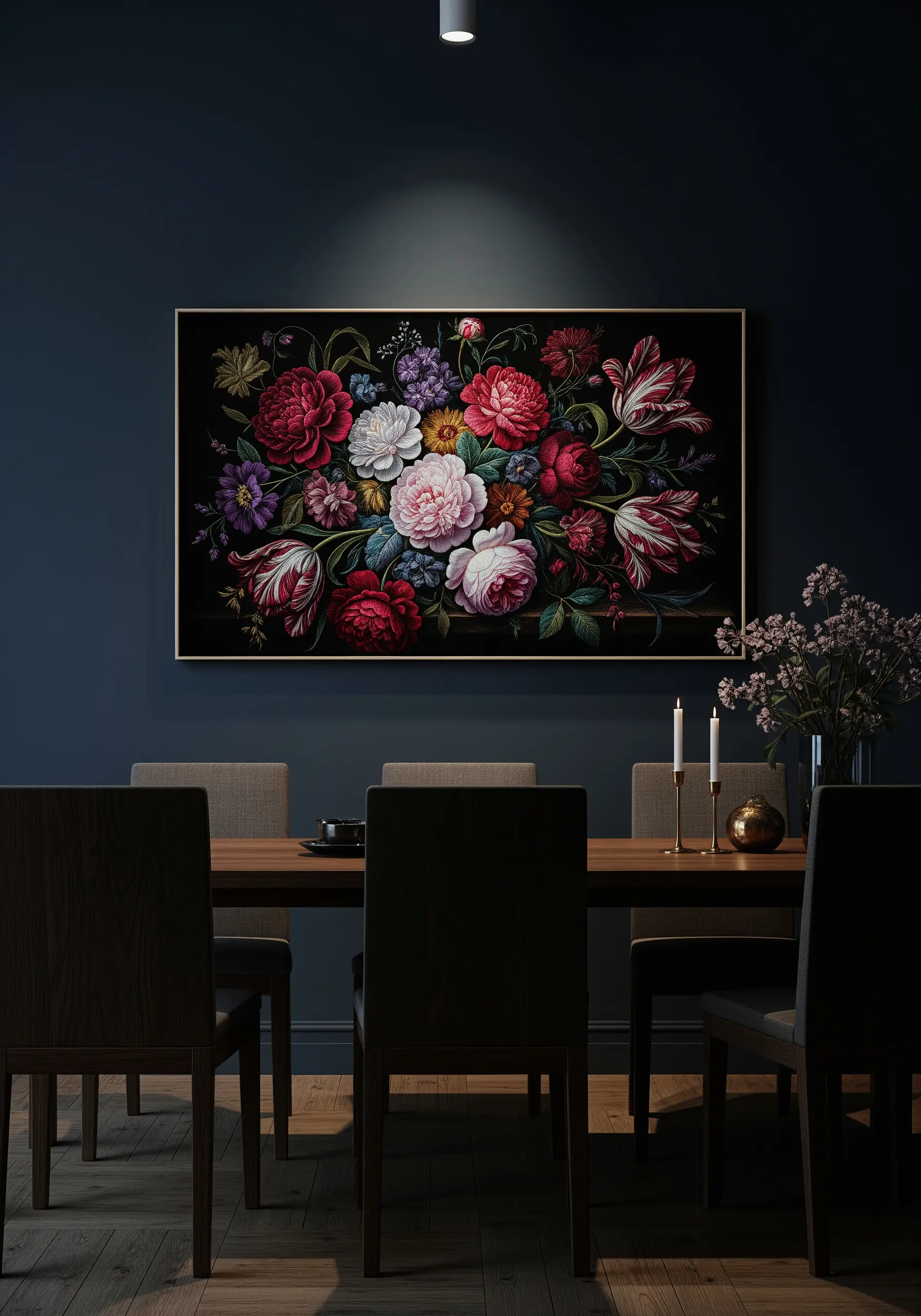 A lush, detailed embroidery of a floral bouquet in the style of a Dutch Master painting.