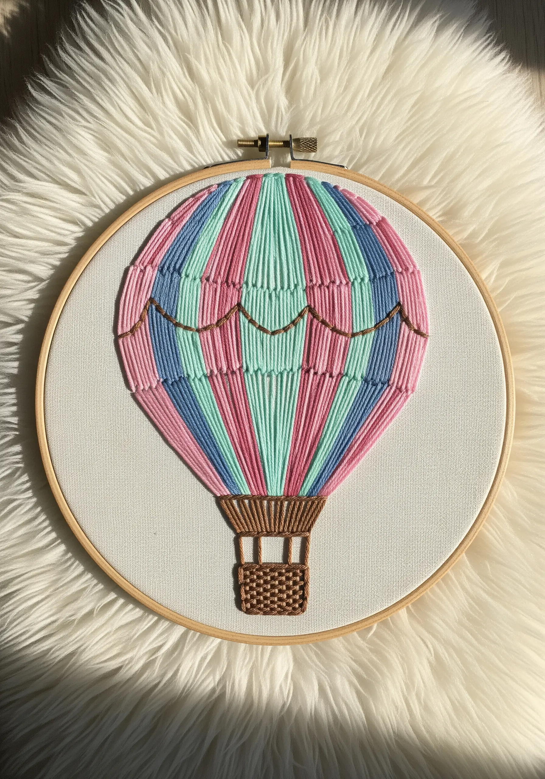 Hot air balloon with vertical satin stitches in pink, blue, and mint green.