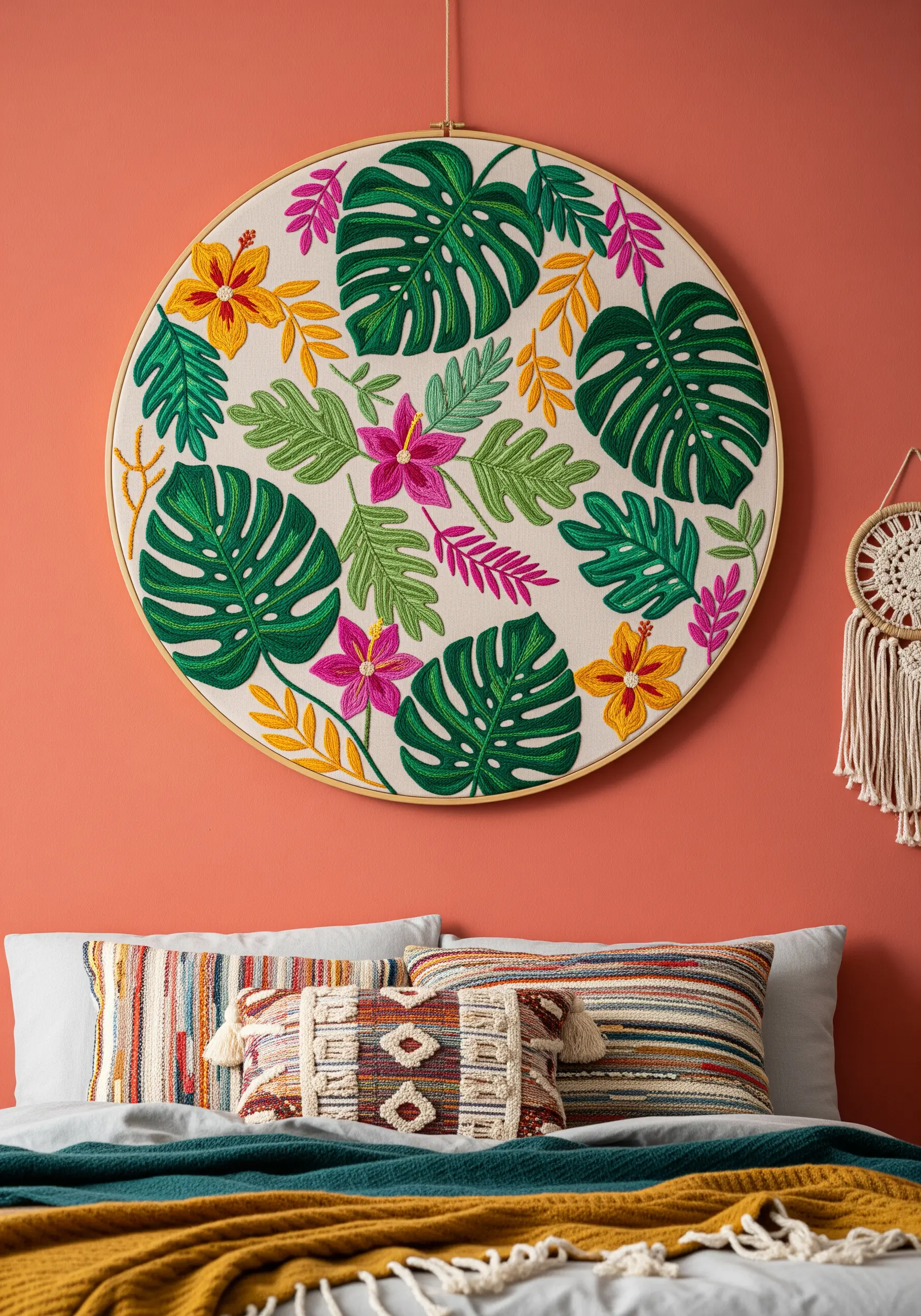 Large embroidery hoop with vibrant tropical monstera leaves and hibiscus flowers.