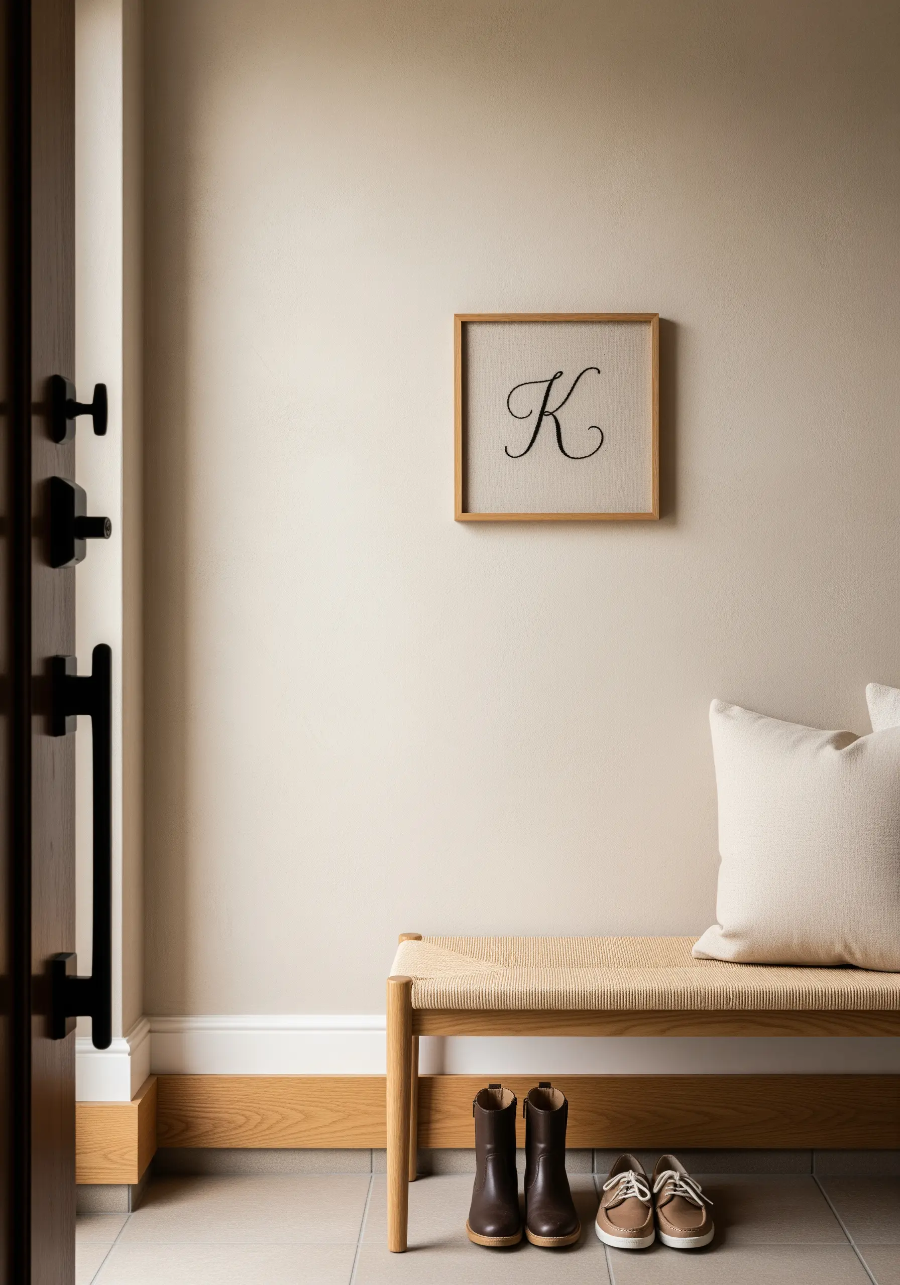 A single, elegant black script monogram in a minimal light wood frame.