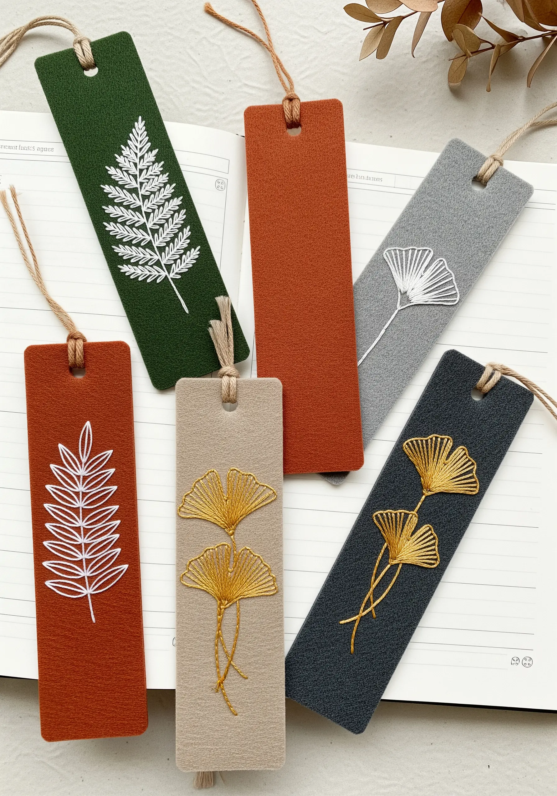 A collection of embroidered felt bookmarks with minimal leaf and fern designs.