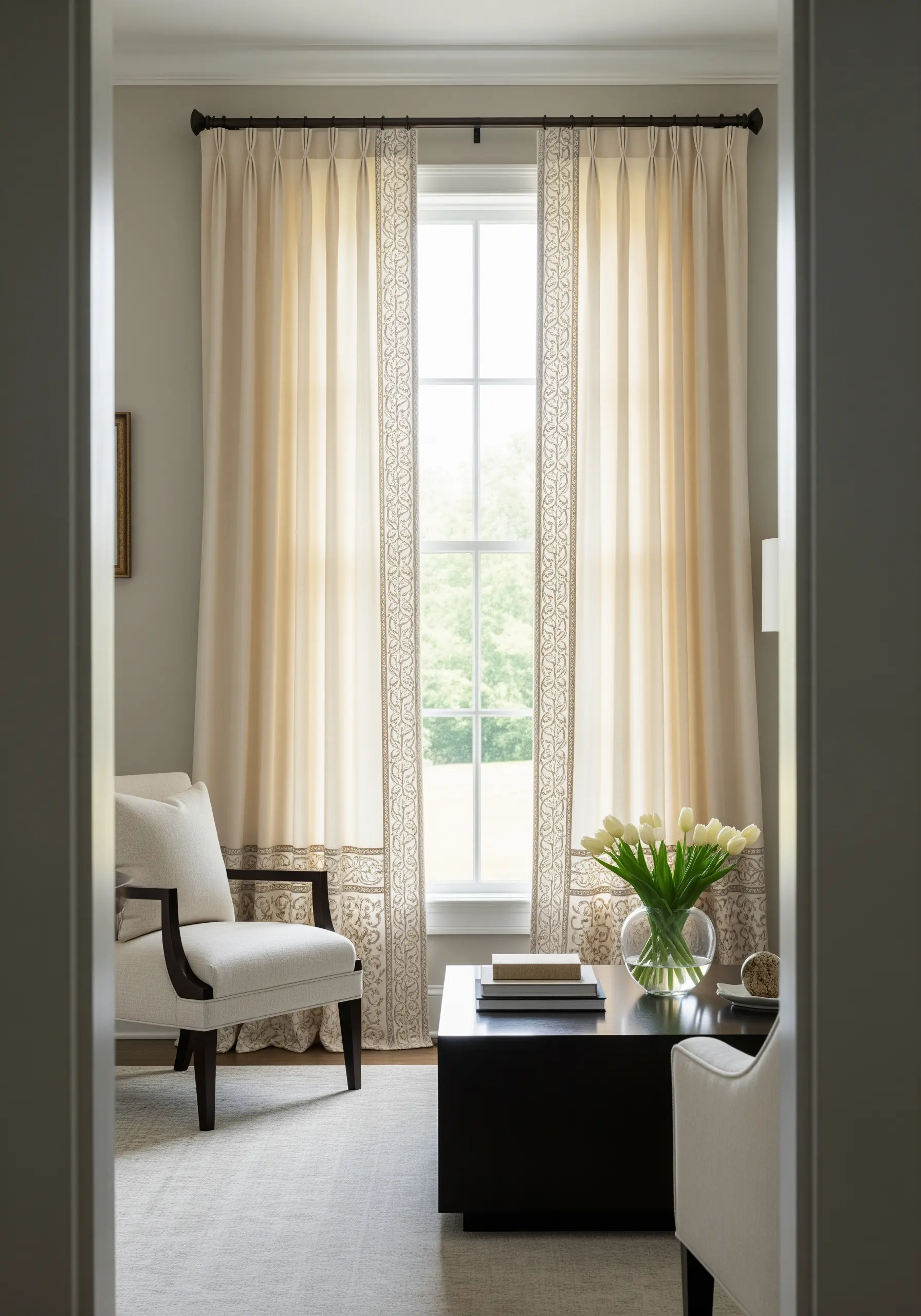 Delicate, ornate scrollwork embroidered in a light clay color on cream curtains.