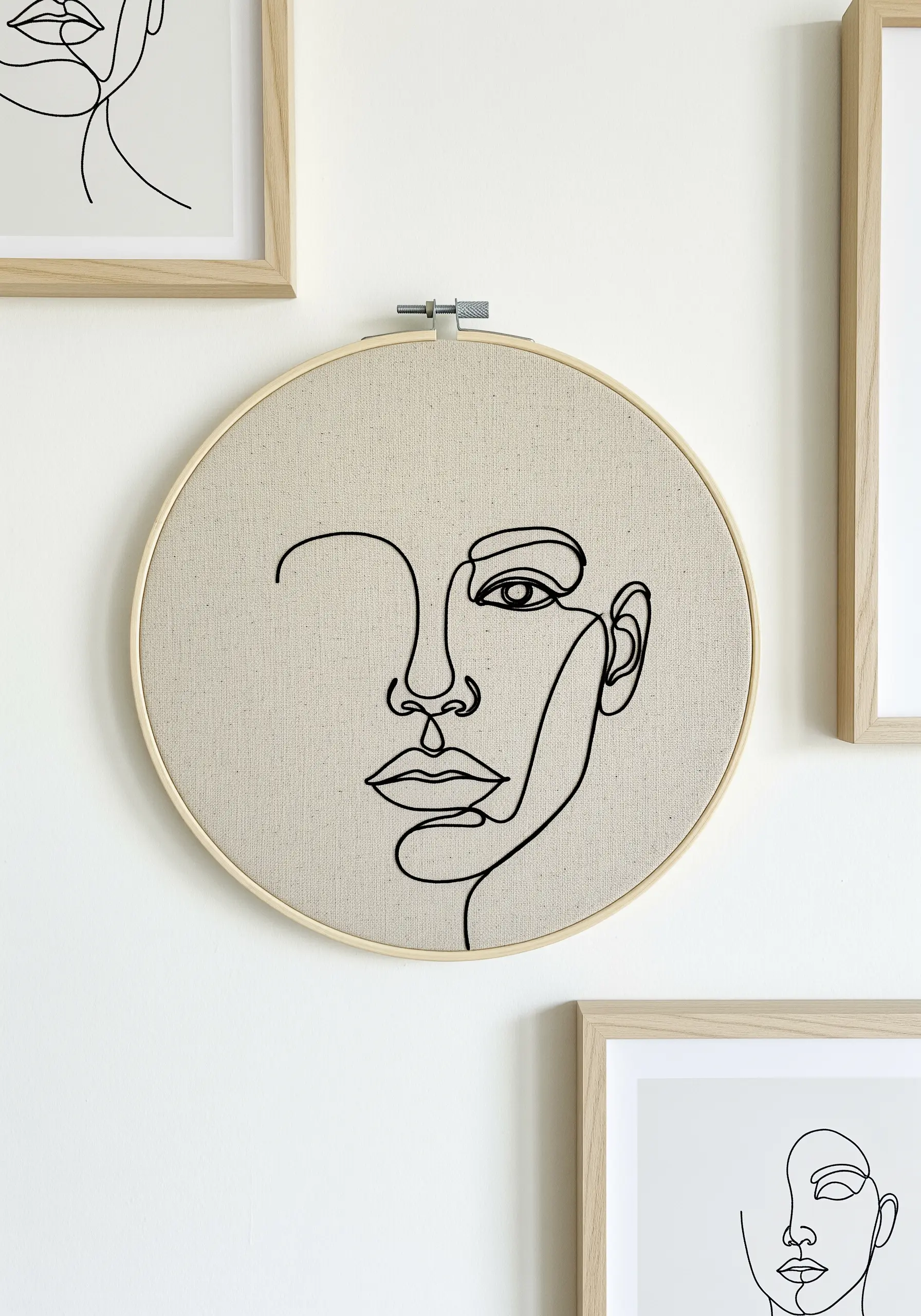 A minimalist face embroidered on neutral fabric using a single, continuous black line.