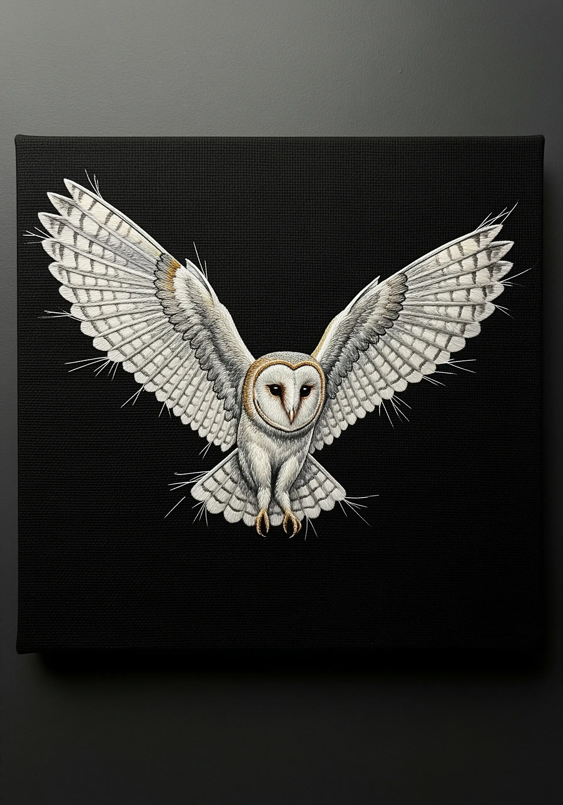 An embroidered barn owl with outstretched wings, showcasing detailed feather textures on black canvas.