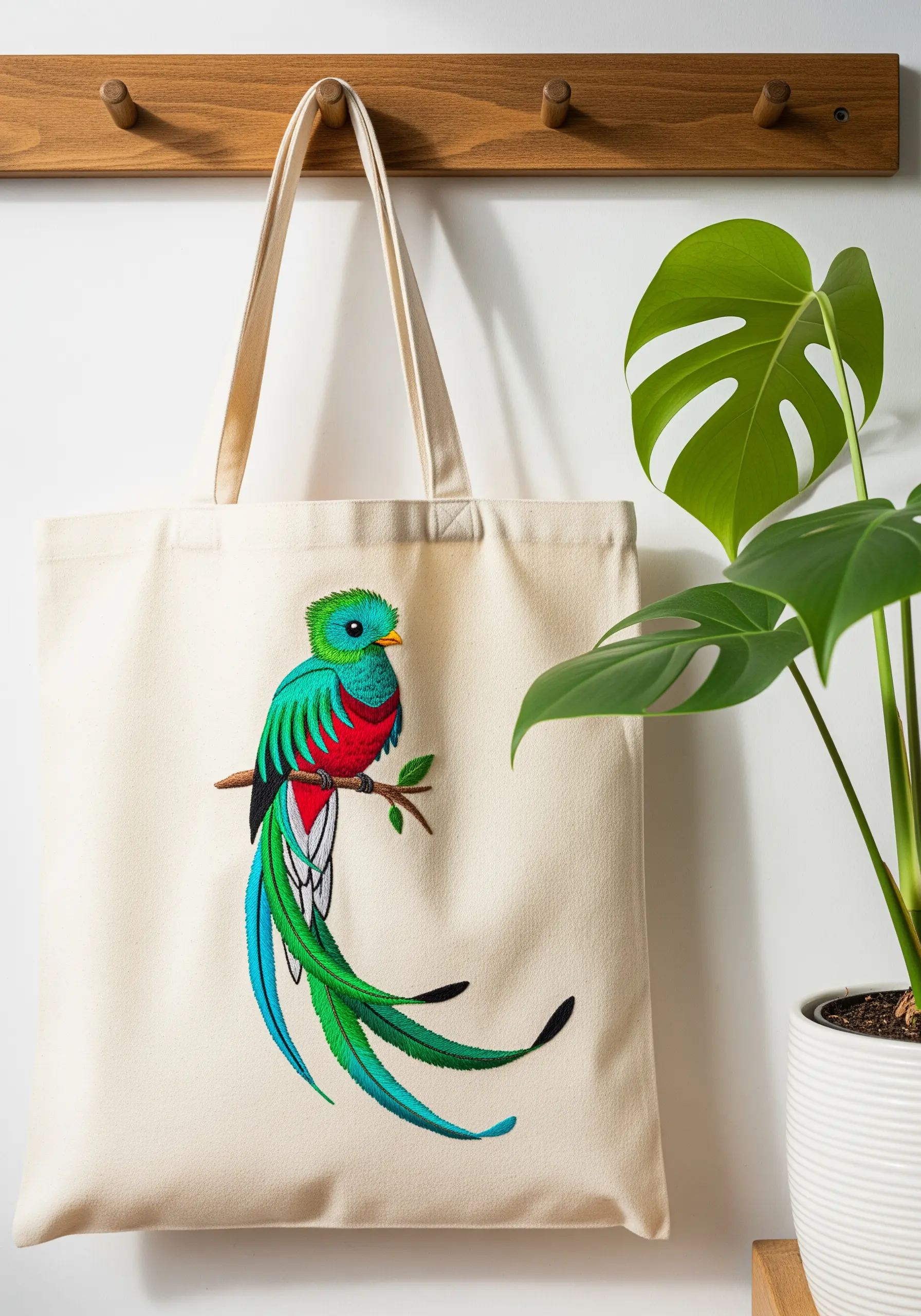 Embroidered quetzal with long, flowing green and blue tail feathers on a canvas tote bag.