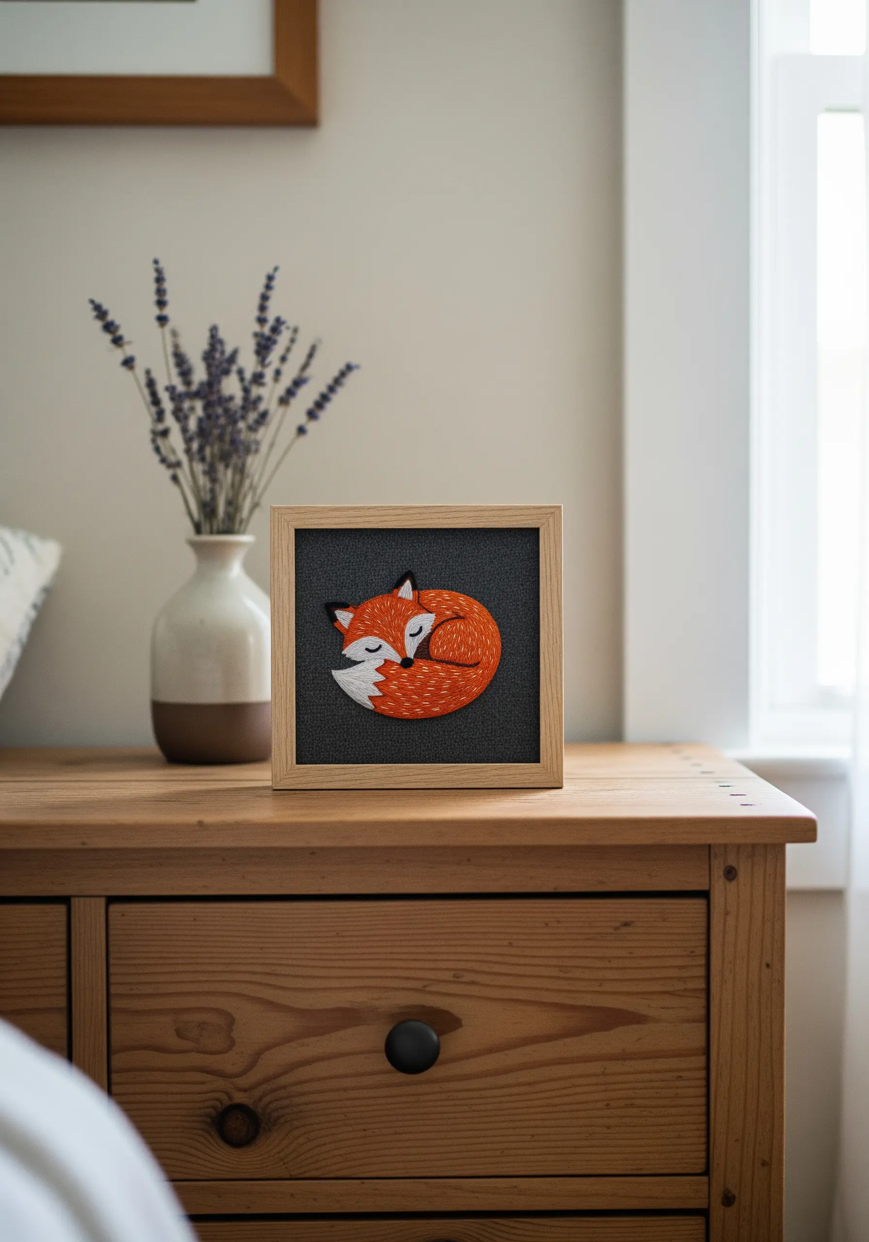 A framed embroidery of a sleeping fox with detailed, textured thread painting.