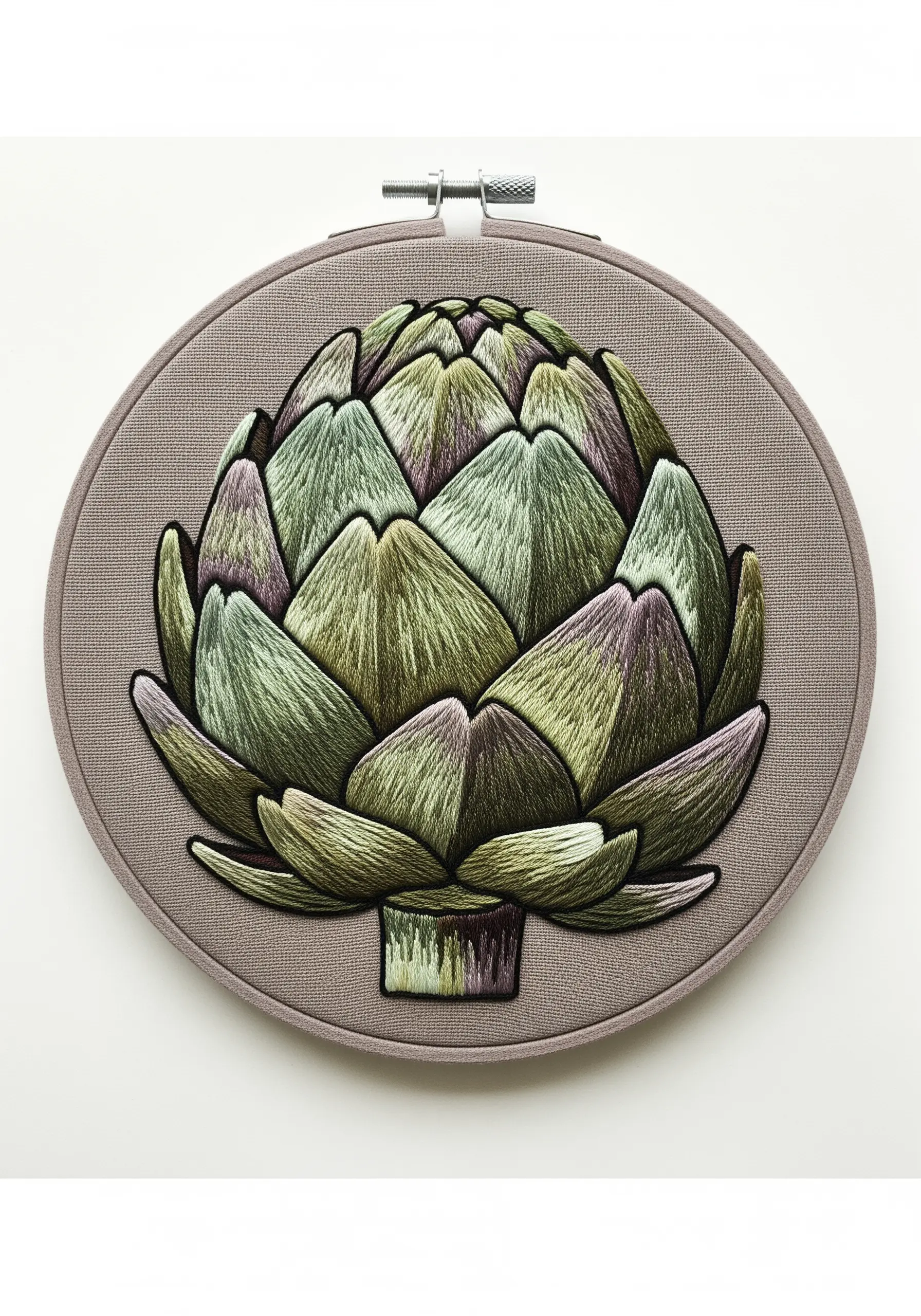 A realistic, thread-painted artichoke with detailed color blending on its leaves.